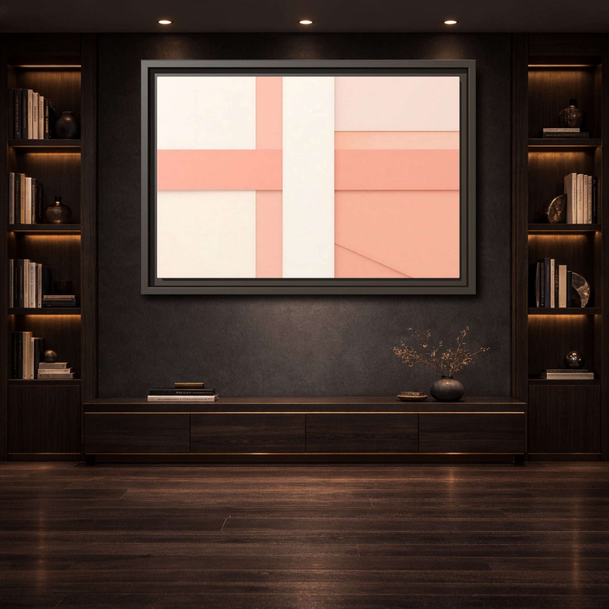 Mockup 3. Abstract Geometric Shapes Peach And Cream shown as stretched canvas wall art