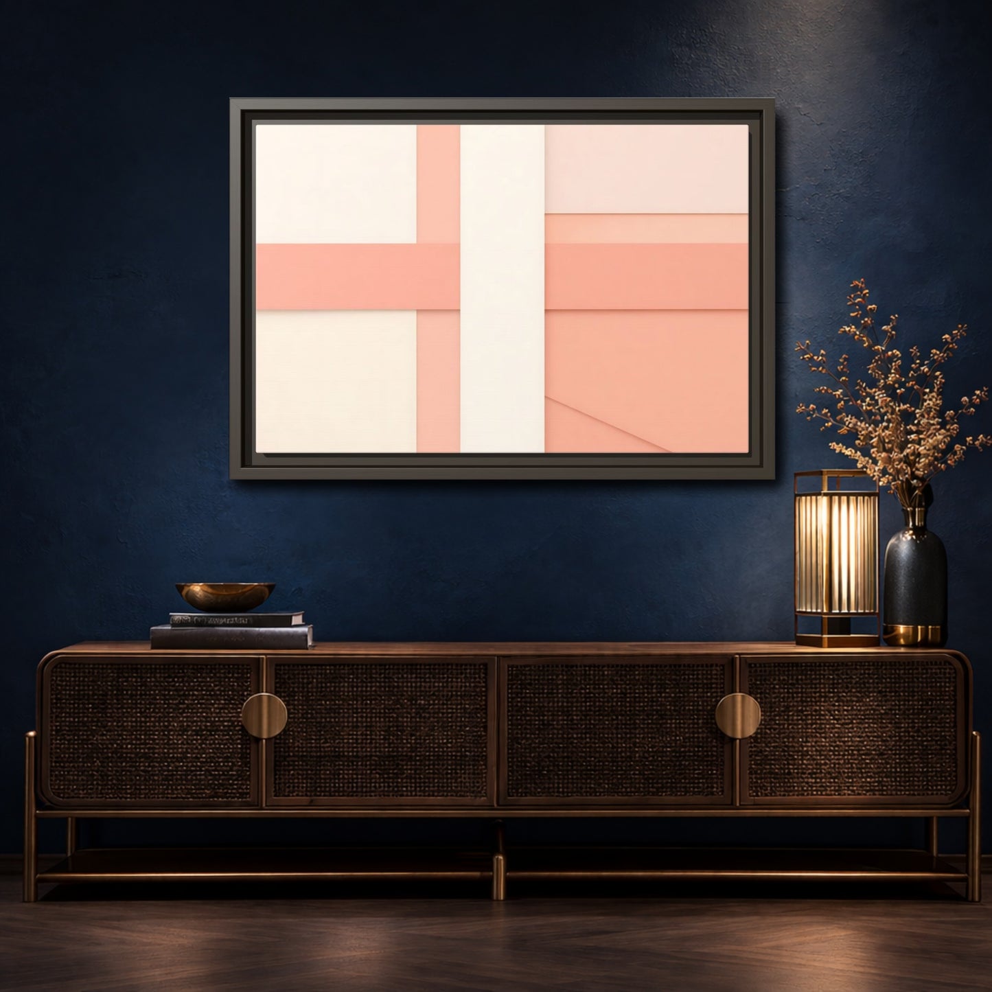 Mockup 4. Abstract Geometric Shapes Peach And Cream shown as stretched canvas wall art