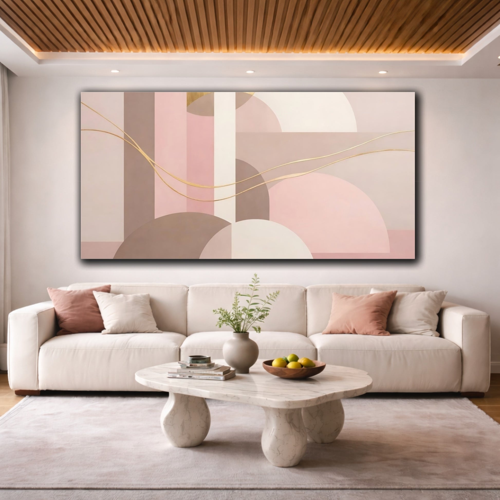 Mockup 3. Abstract Geometric Shapes Pink Brown Abstract shown as stretched canvas wall art