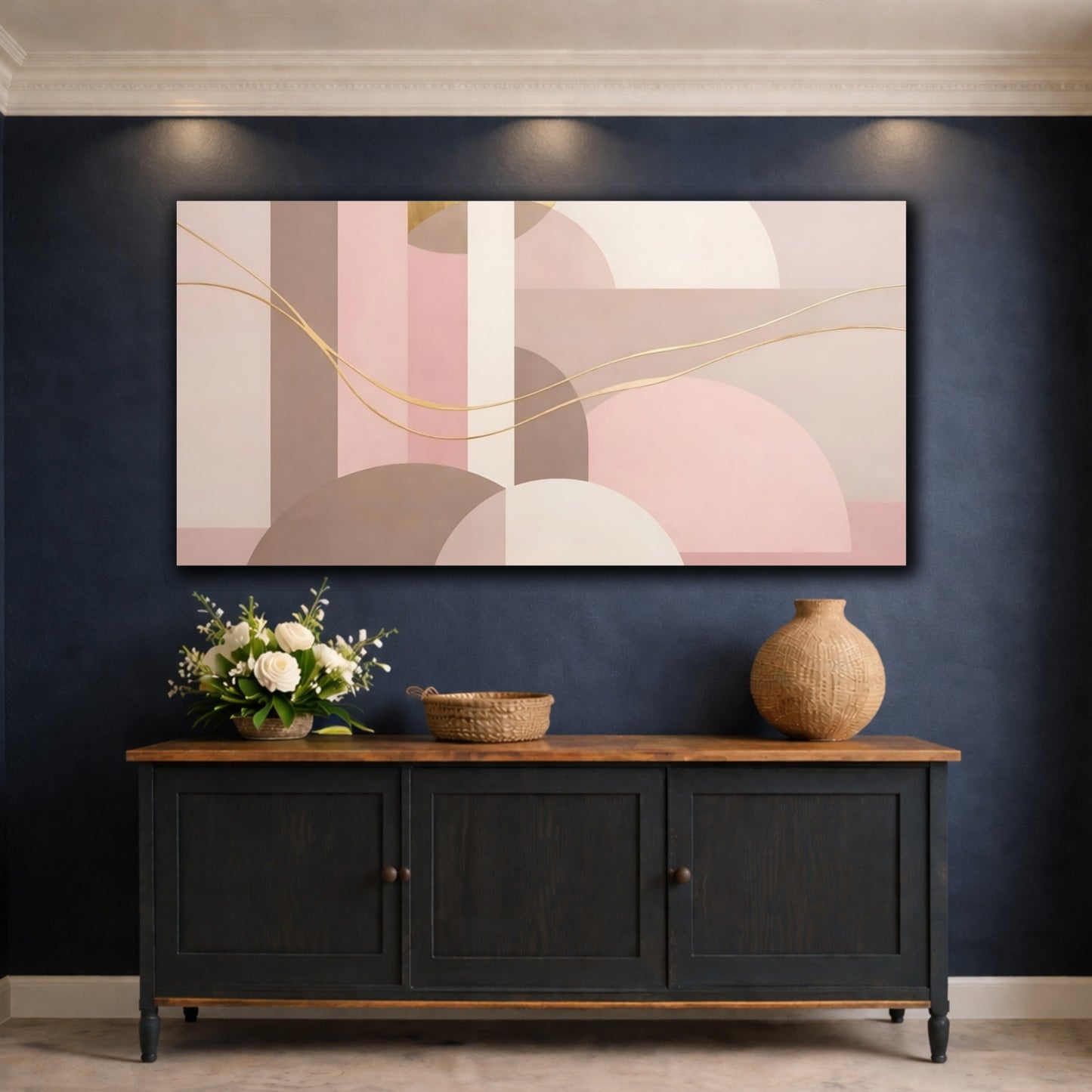 Mockup 4. Abstract Geometric Shapes Pink Brown Abstract shown as stretched canvas wall art