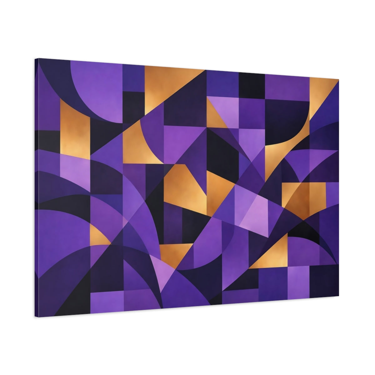 Main Mockup. Abstract Geometric Shapes Purple And Gold shown as stretched canvas wall art