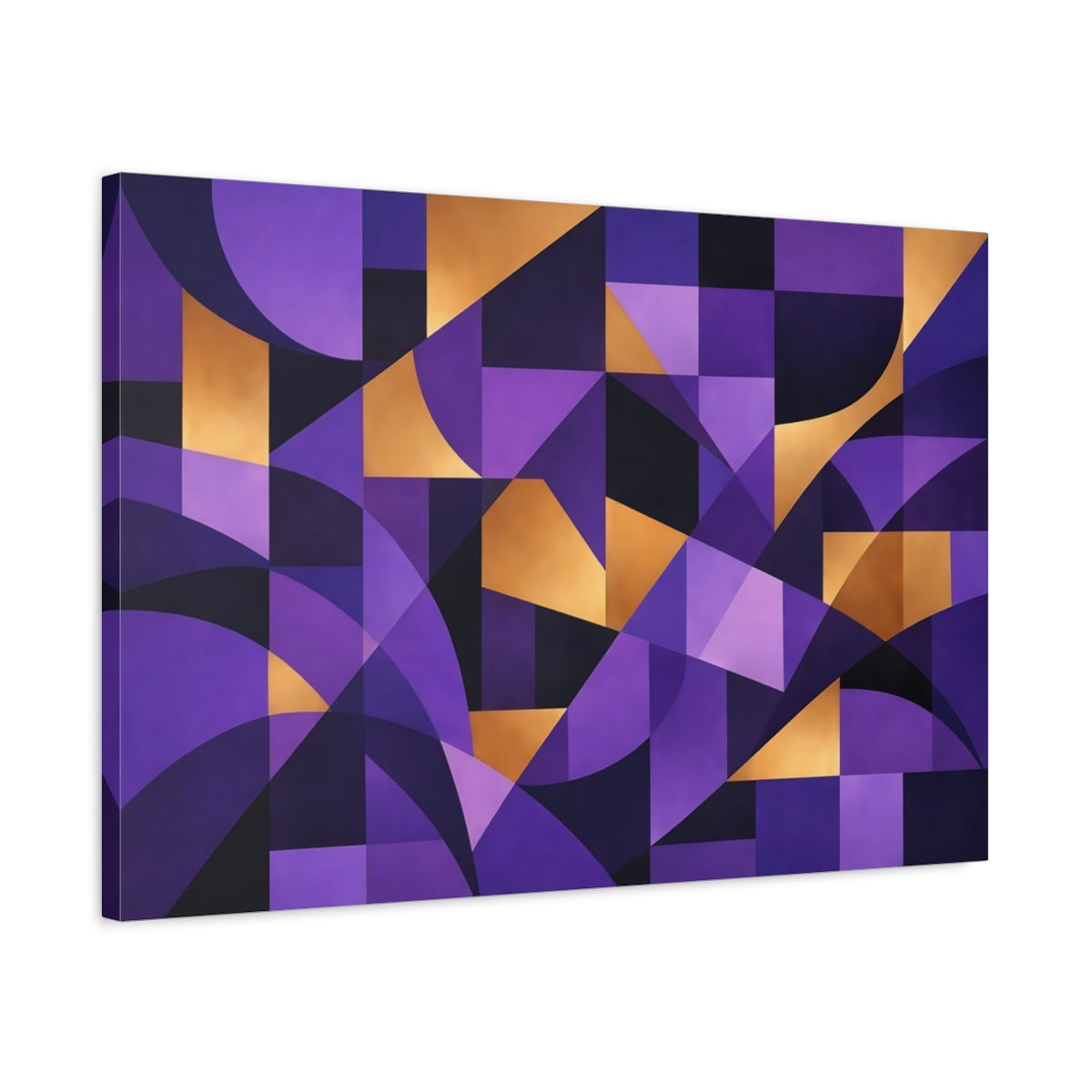 Side Mockup 2. Abstract Geometric Shapes Purple And Gold shown as stretched canvas wall art