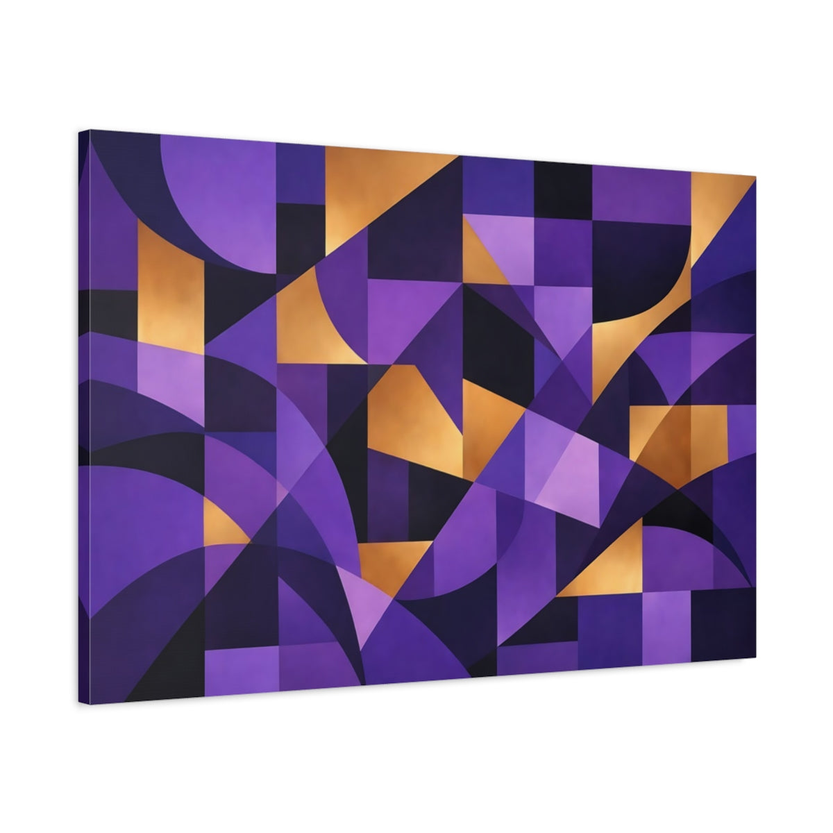 Side Mockup 1. Abstract Geometric Shapes Purple And Gold shown as stretched canvas wall art