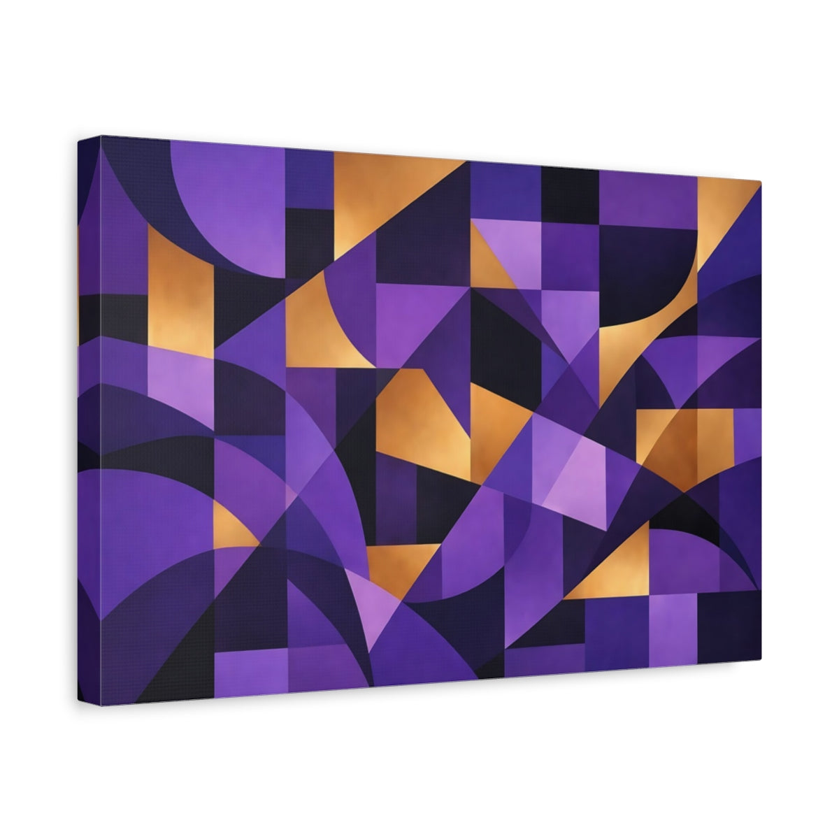 Side Mockup 4. Abstract Geometric Shapes Purple And Gold shown as stretched canvas wall art