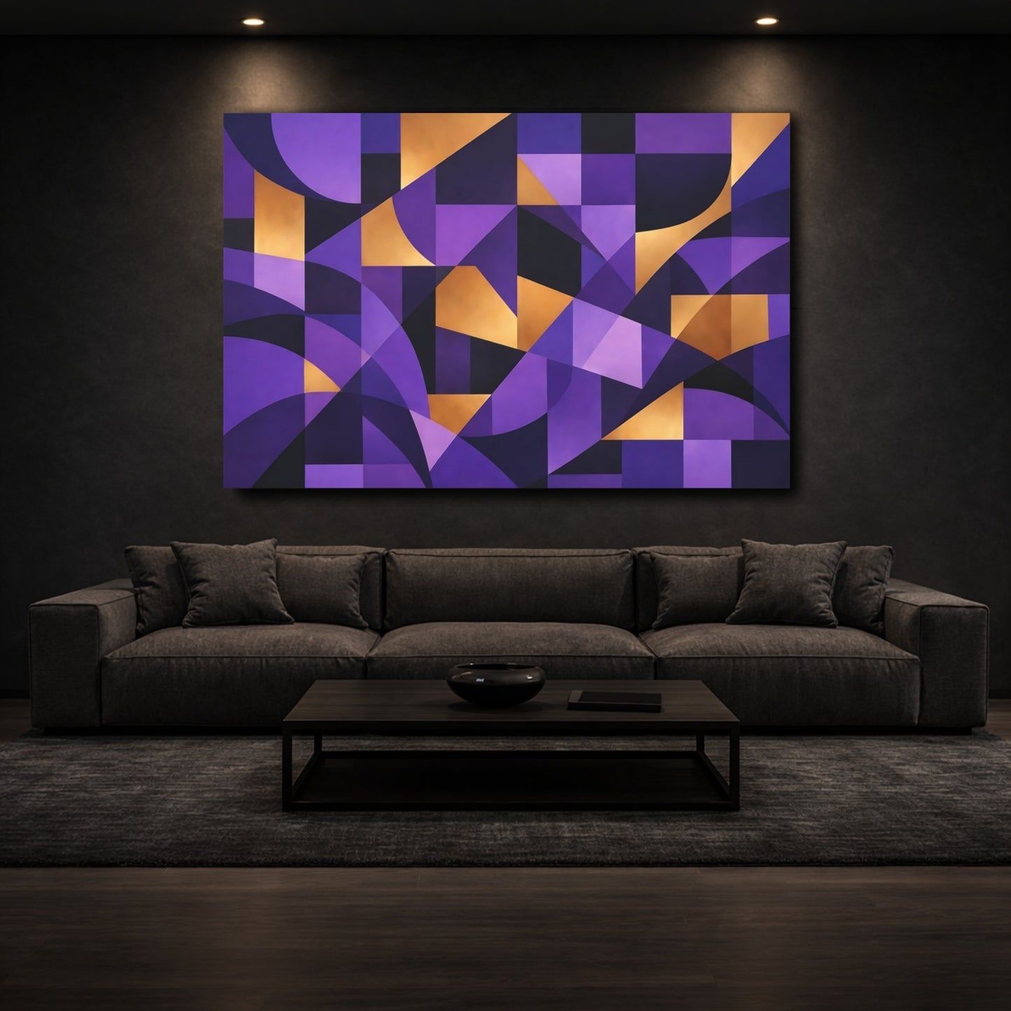 Mockup 2. Abstract Geometric Shapes Purple And Gold shown as stretched canvas wall art