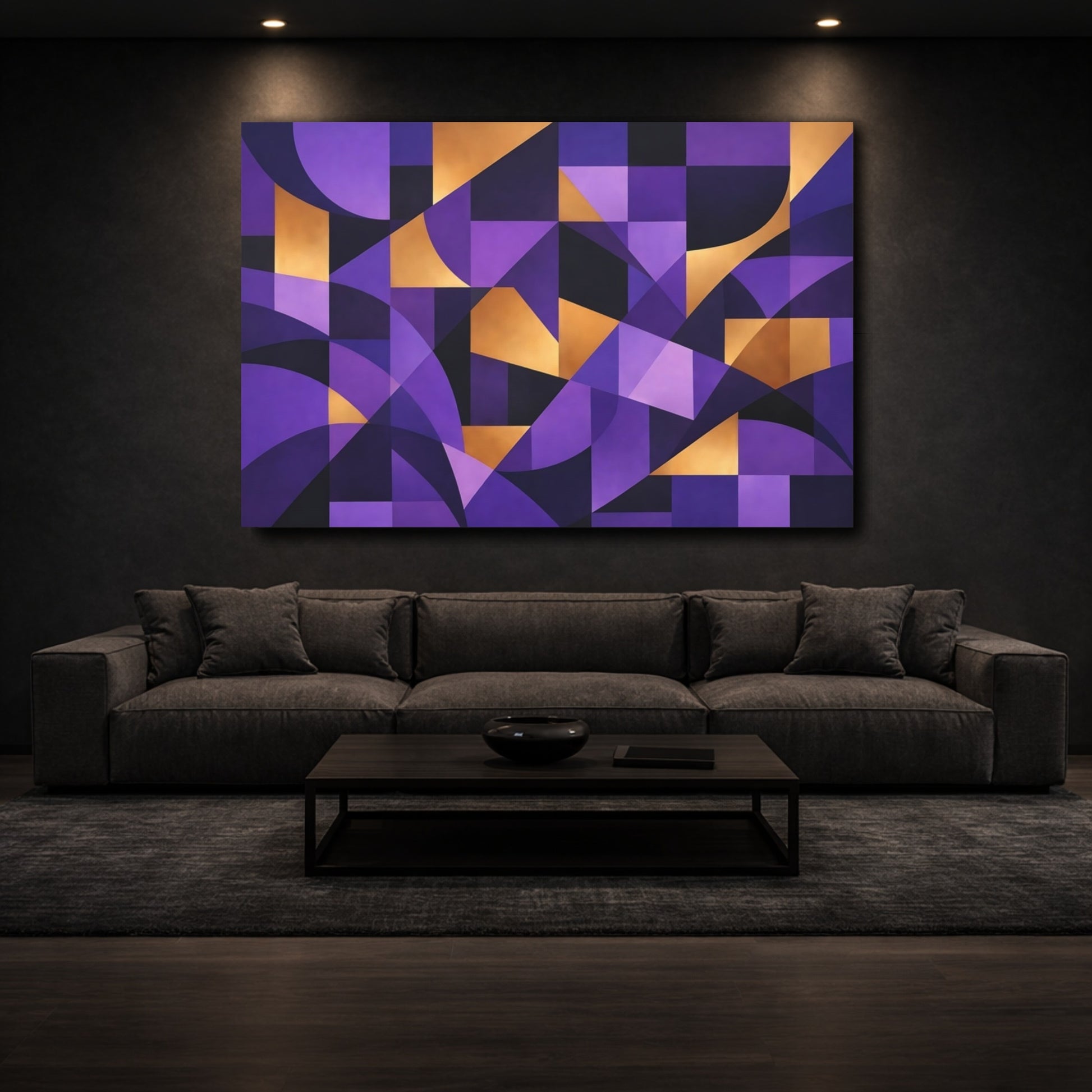 Mockup 2. Abstract Geometric Shapes Purple And Gold shown as stretched canvas wall art