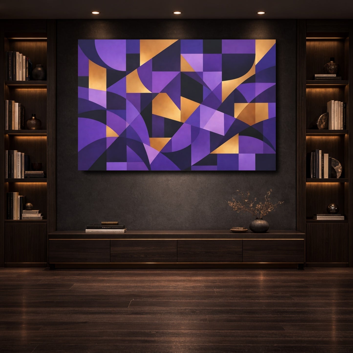 Mockup 3. Abstract Geometric Shapes Purple And Gold shown as stretched canvas wall art