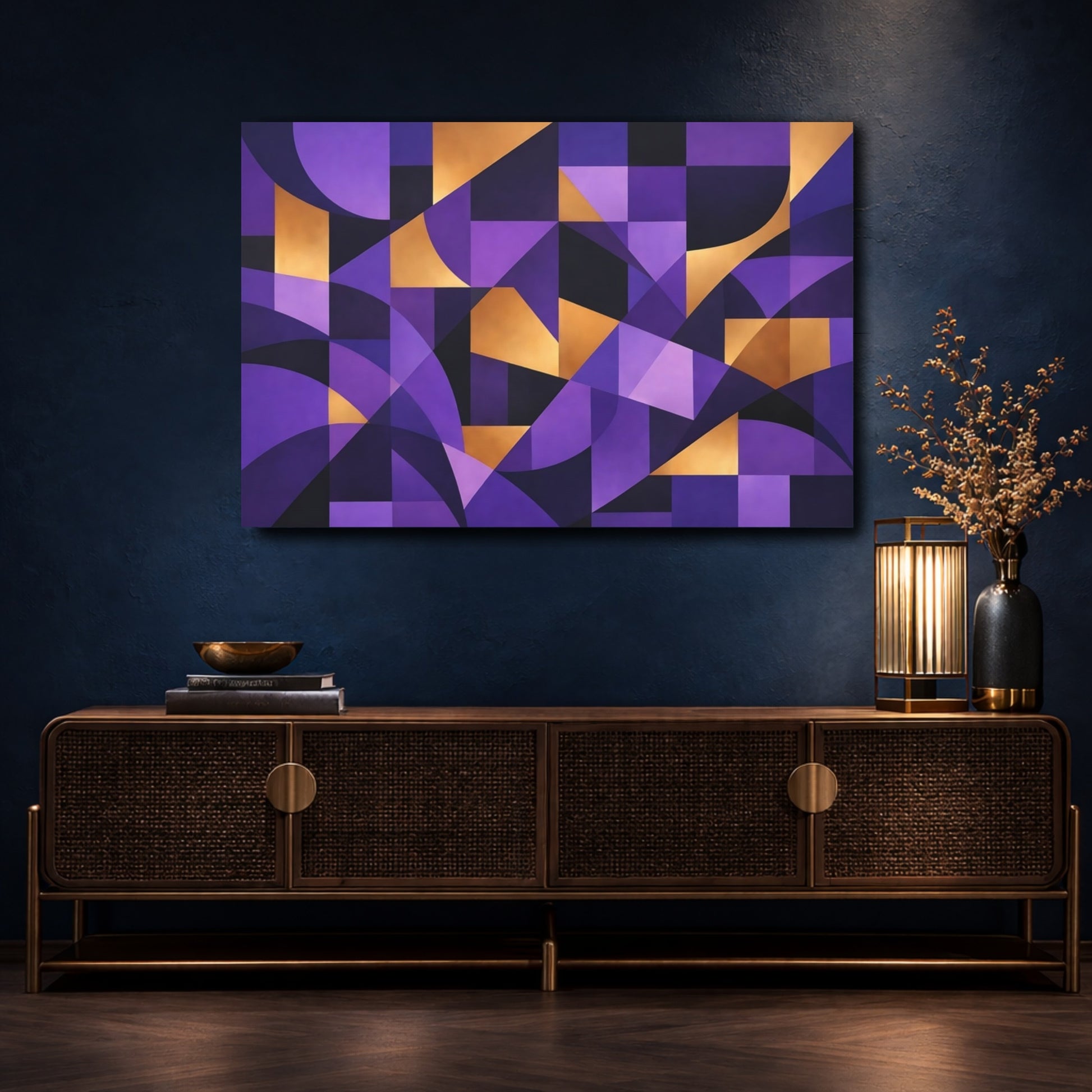 Mockup 4. Abstract Geometric Shapes Purple And Gold shown as stretched canvas wall art