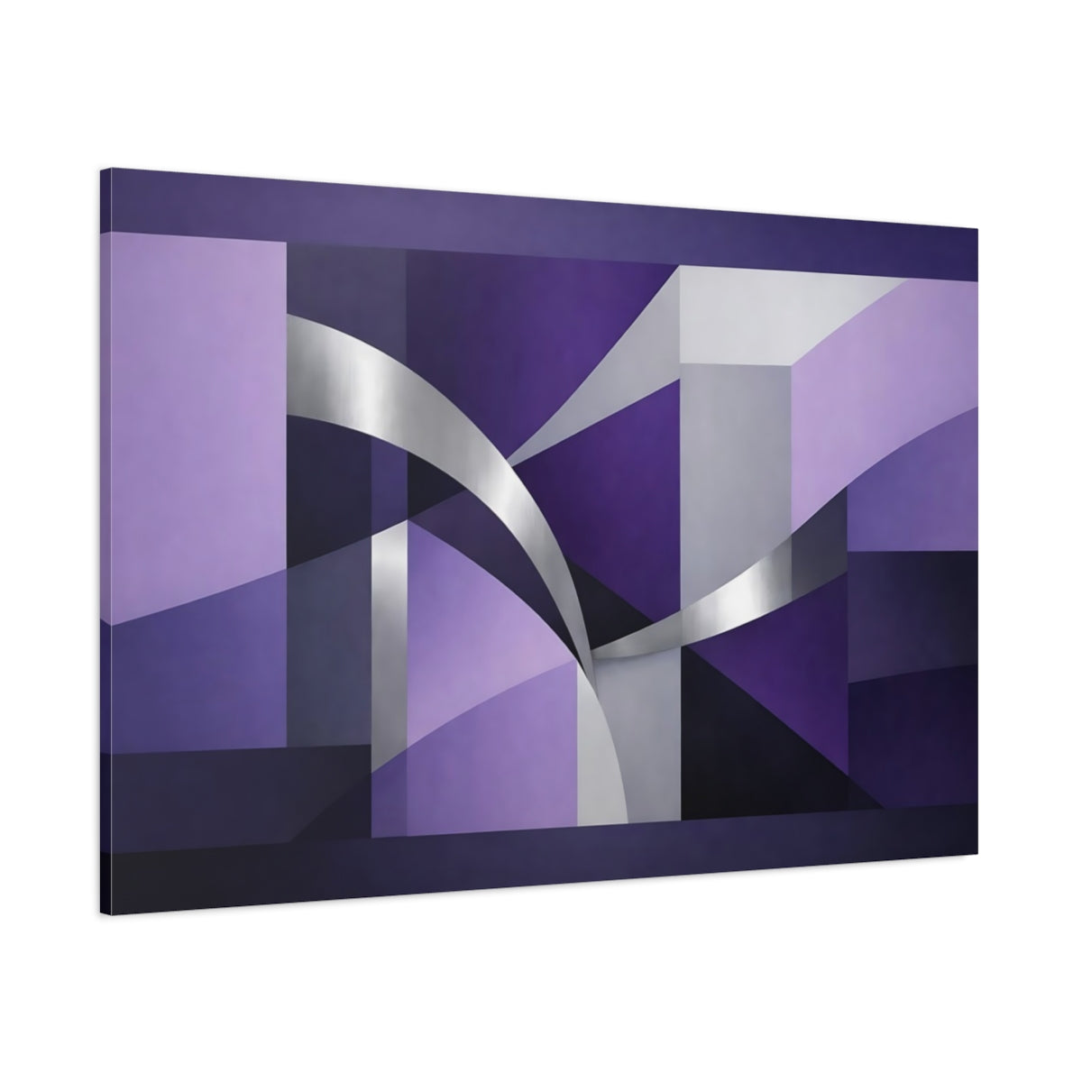 Main Mockup. Abstract Geometric Shapes Purple And Silver shown as stretched canvas wall art