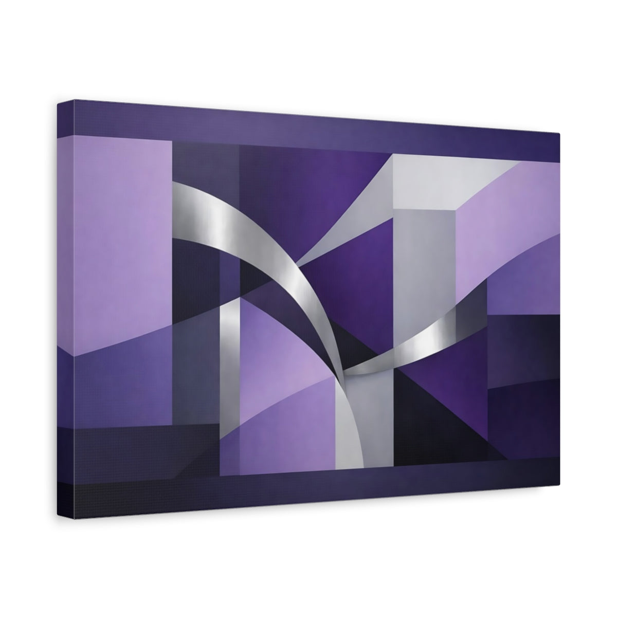 Side Mockup 4. Abstract Geometric Shapes Purple And Silver shown as stretched canvas wall art