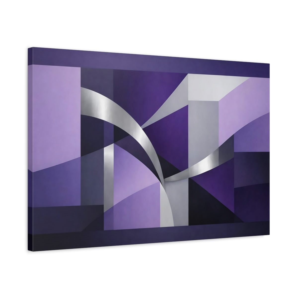 Side Mockup 2. Abstract Geometric Shapes Purple And Silver shown as stretched canvas wall art