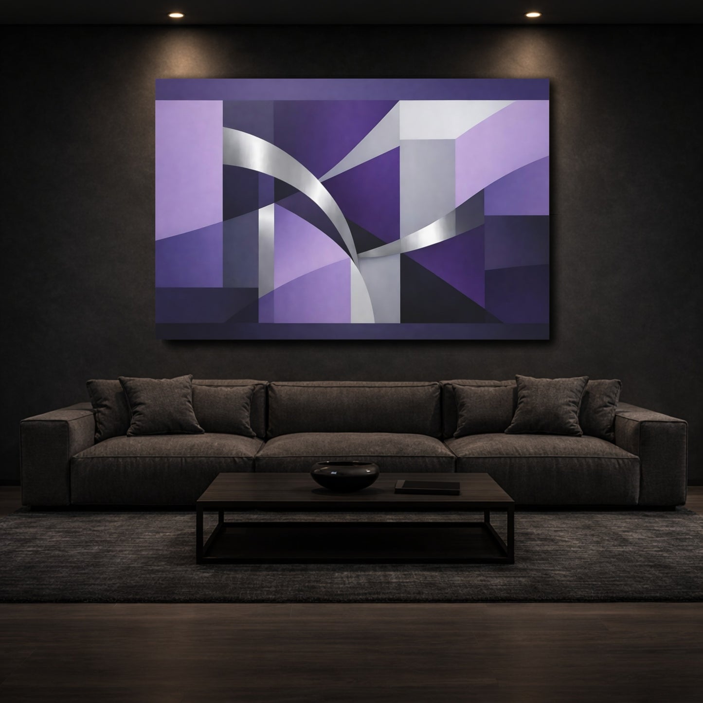 Mockup 2. Abstract Geometric Shapes Purple And Silver shown as stretched canvas wall art