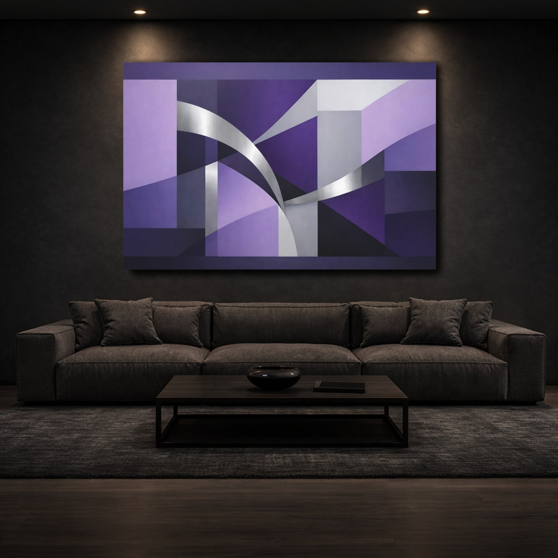 Mockup 2. Abstract Geometric Shapes Purple And Silver shown as stretched canvas wall art