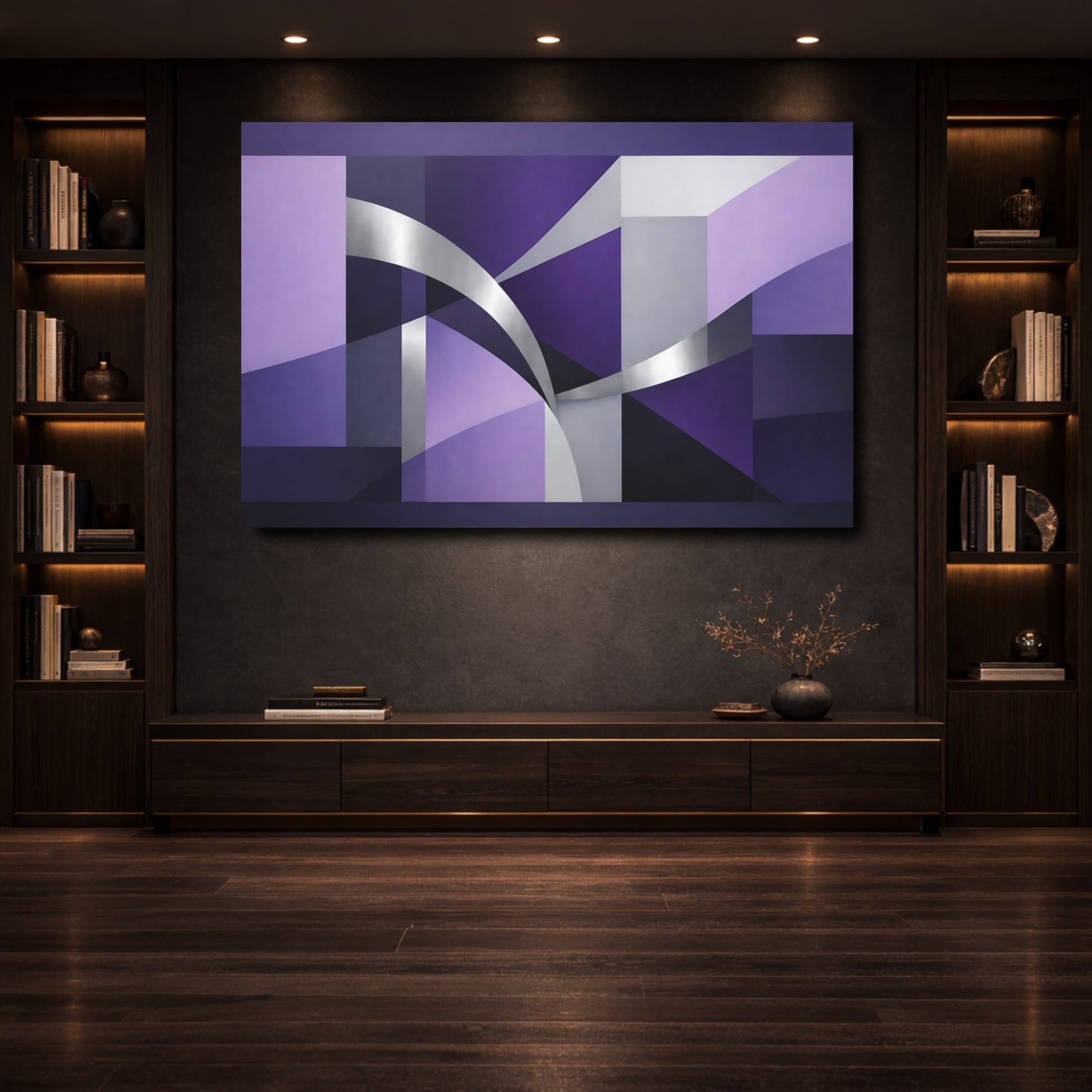 Mockup 3. Abstract Geometric Shapes Purple And Silver shown as stretched canvas wall art