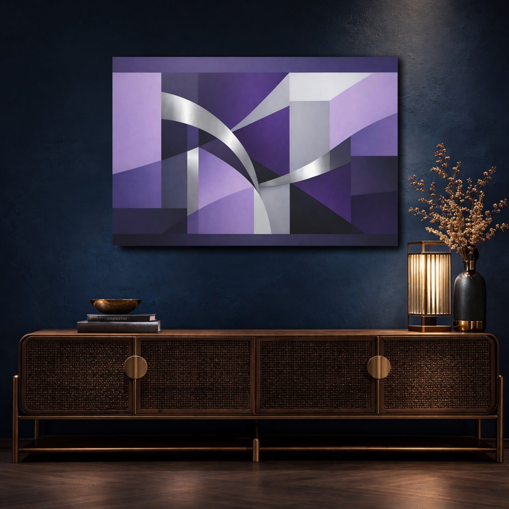Mockup 4. Abstract Geometric Shapes Purple And Silver shown as stretched canvas wall art