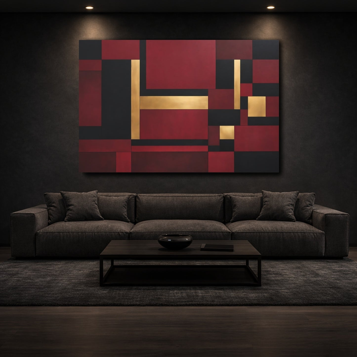 Mockup 2. Abstract Geometric Shapes Red Black Gold Abstract shown as stretched canvas wall art