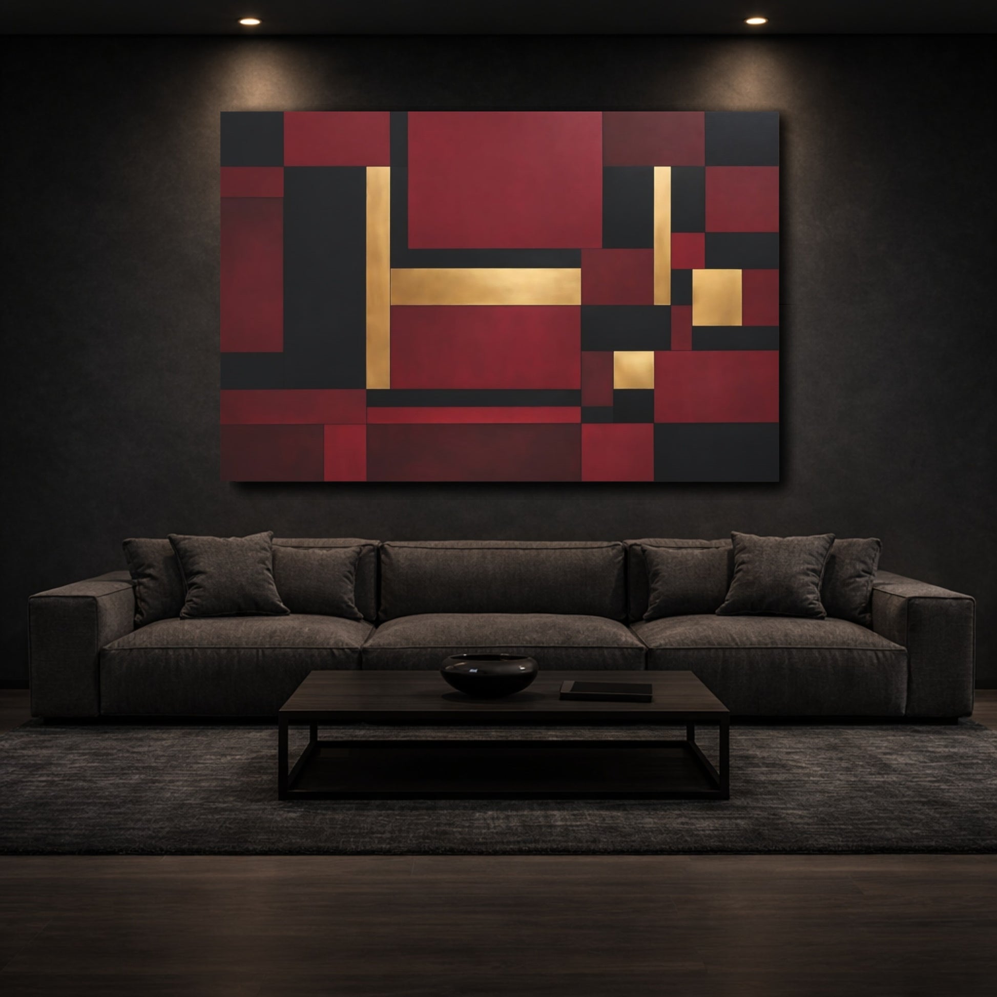 Mockup 2. Abstract Geometric Shapes Red Black Gold Abstract shown as stretched canvas wall art