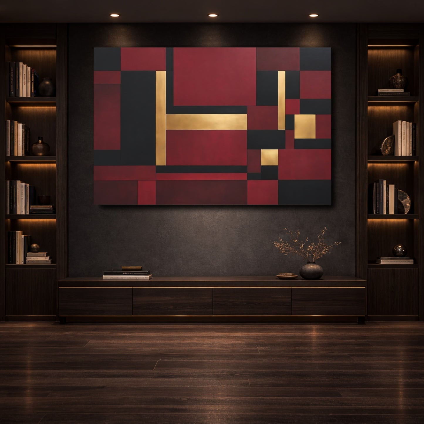 Mockup 3. Abstract Geometric Shapes Red Black Gold Abstract shown as stretched canvas wall art