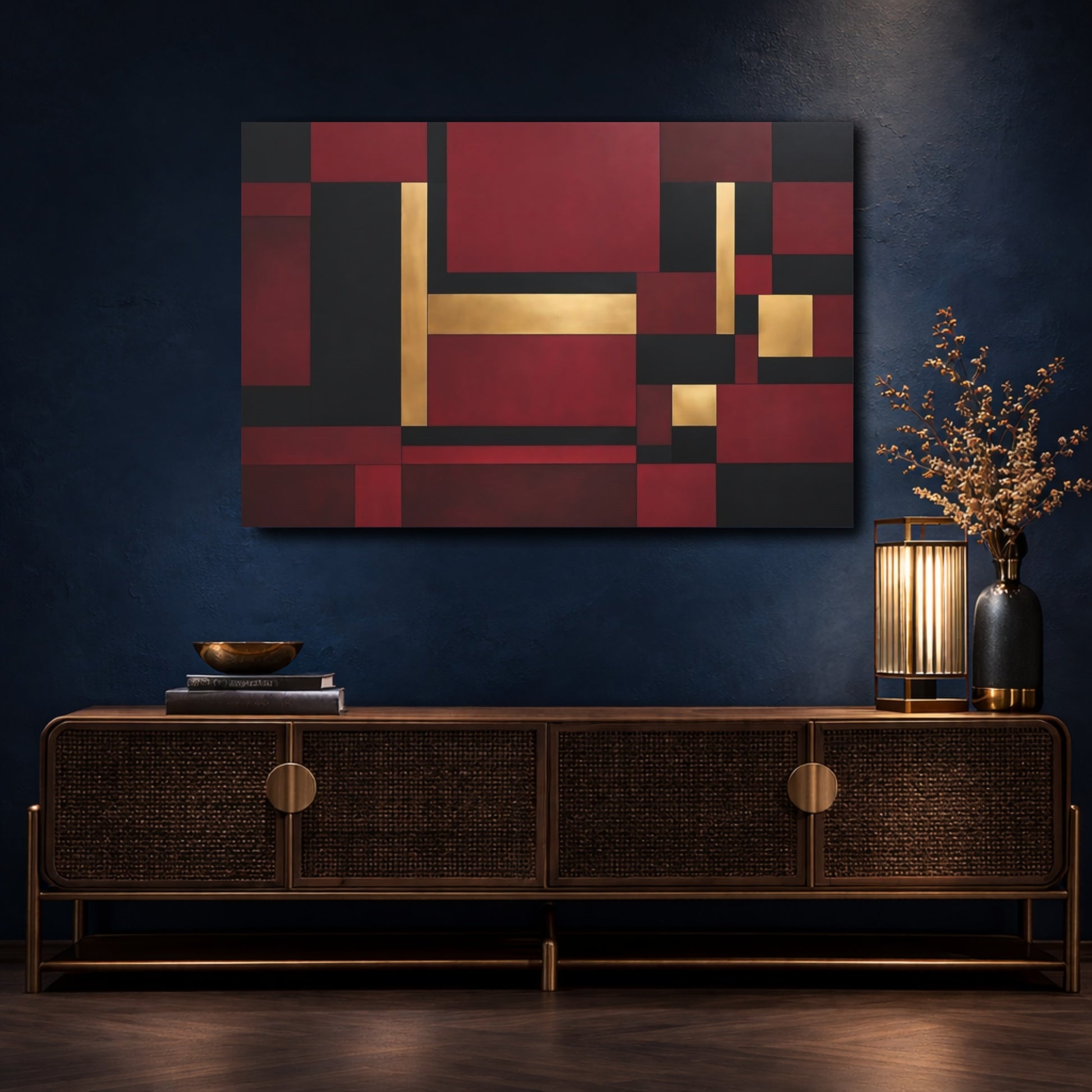Mockup 4. Abstract Geometric Shapes Red Black Gold Abstract shown as stretched canvas wall art
