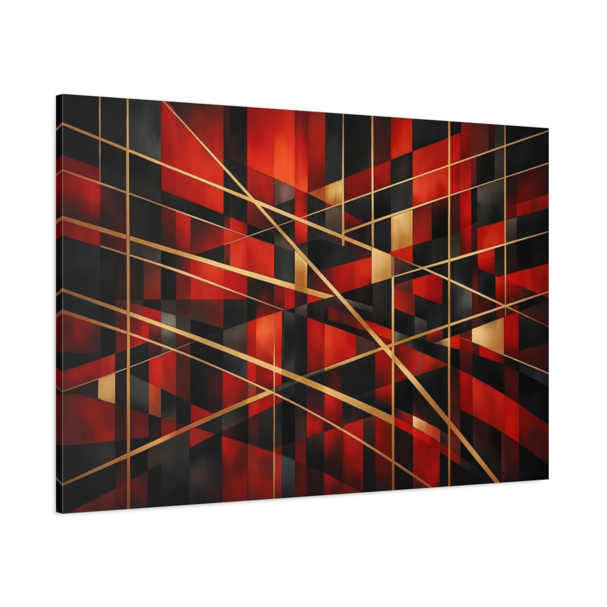 Main Mockup. Abstract Geometric Shapes Red Black Gold shown as stretched canvas wall art