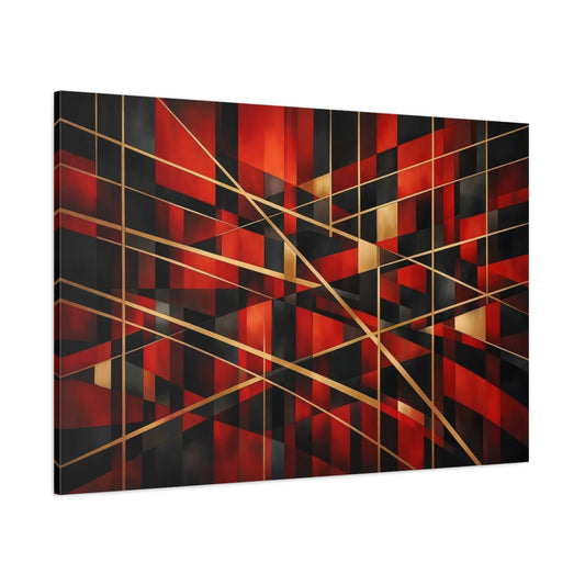 Main Mockup. Abstract Geometric Shapes Red Black Gold shown as stretched canvas wall art