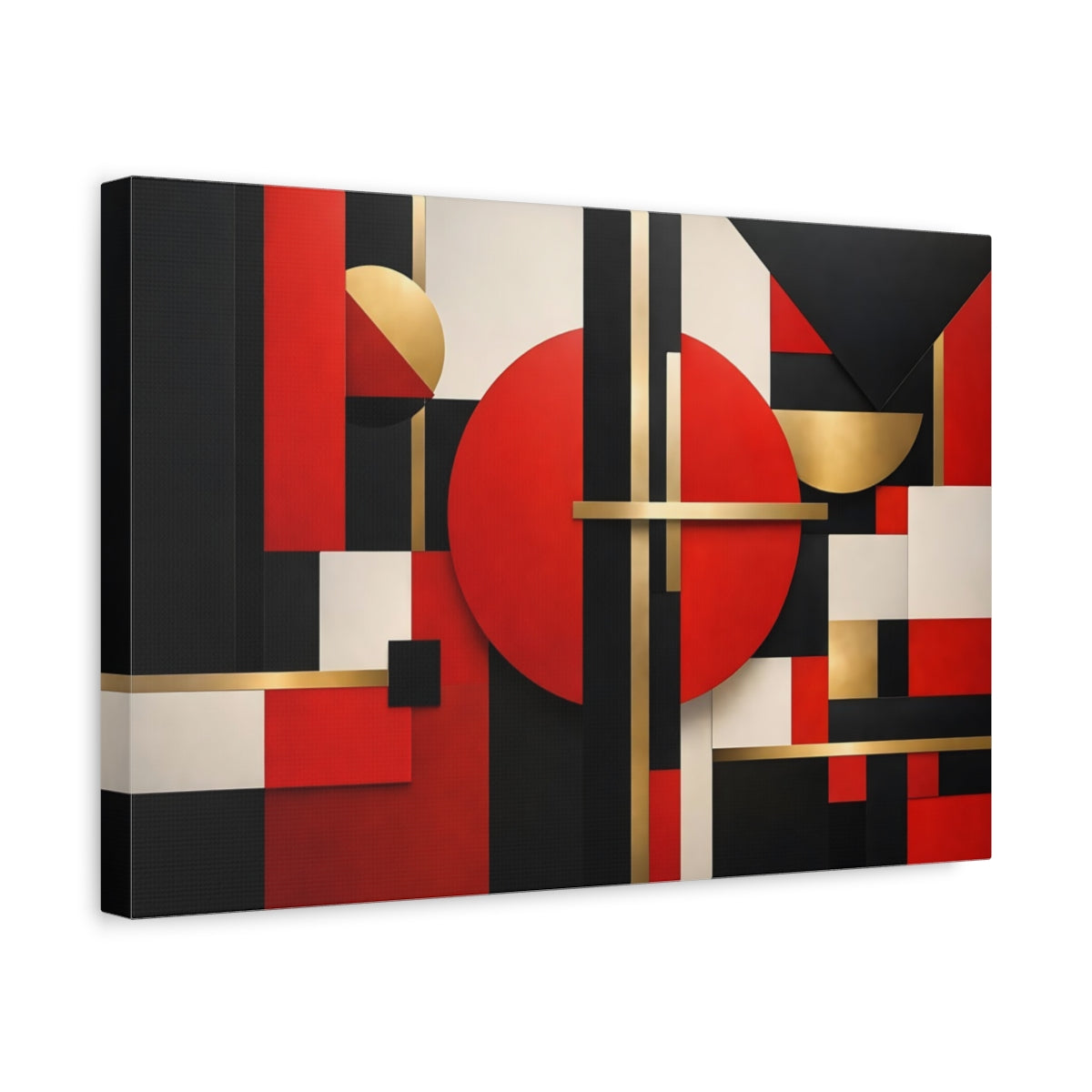 Side Mockup 4. Abstract Geometric Shapes Red Black Gold shown as stretched canvas wall art