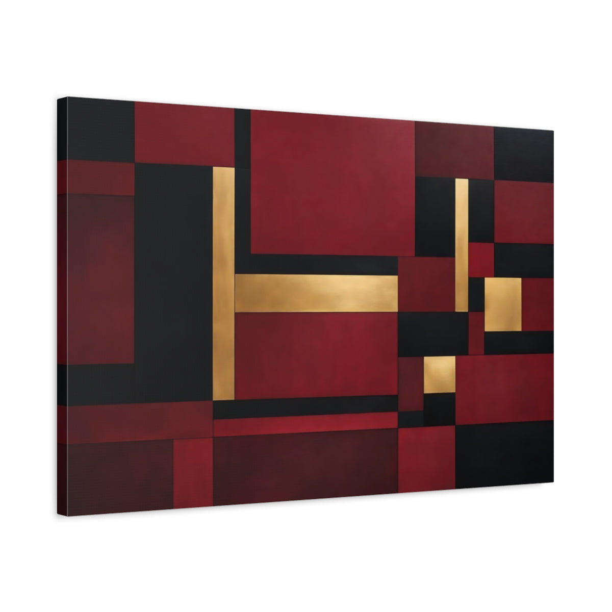Side Mockup 2. Abstract Geometric Shapes Red Black Gold Abstract shown as stretched canvas wall art