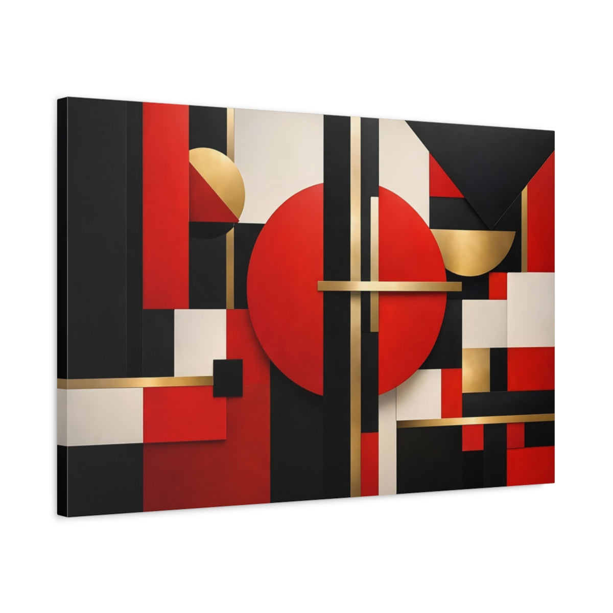 Side Mockup 2. Abstract Geometric Shapes Red Black Gold shown as stretched canvas wall art