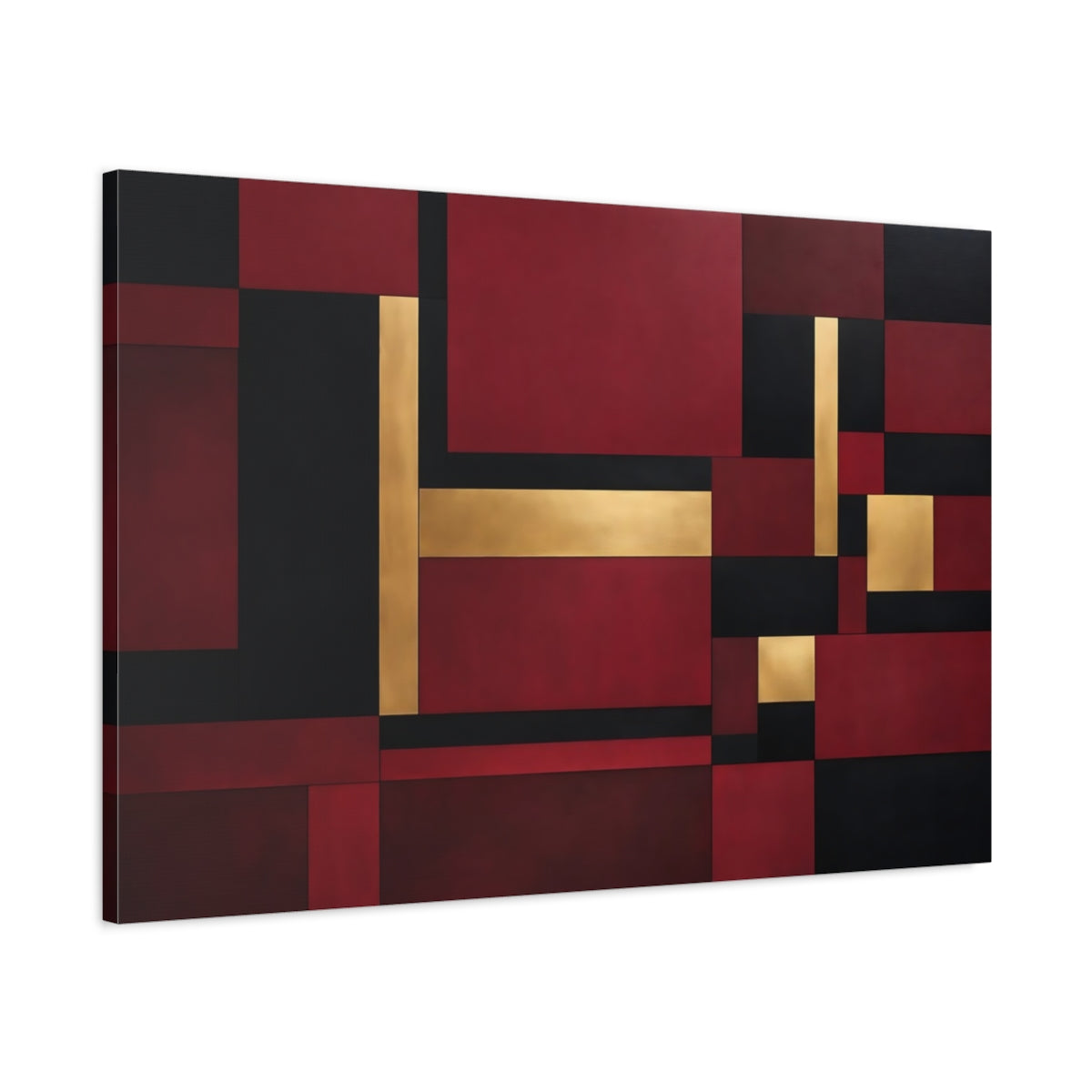 Side Mockup 1. Abstract Geometric Shapes Red Black Gold Abstract shown as stretched canvas wall art