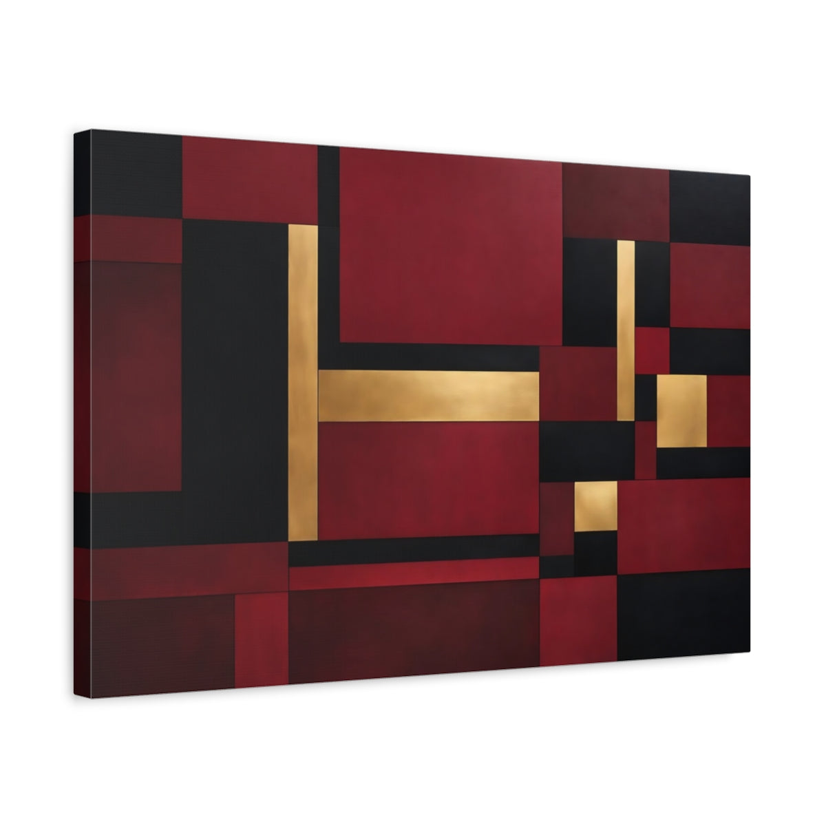 Side Mockup 3. Abstract Geometric Shapes Red Black Gold Abstract shown as stretched canvas wall art