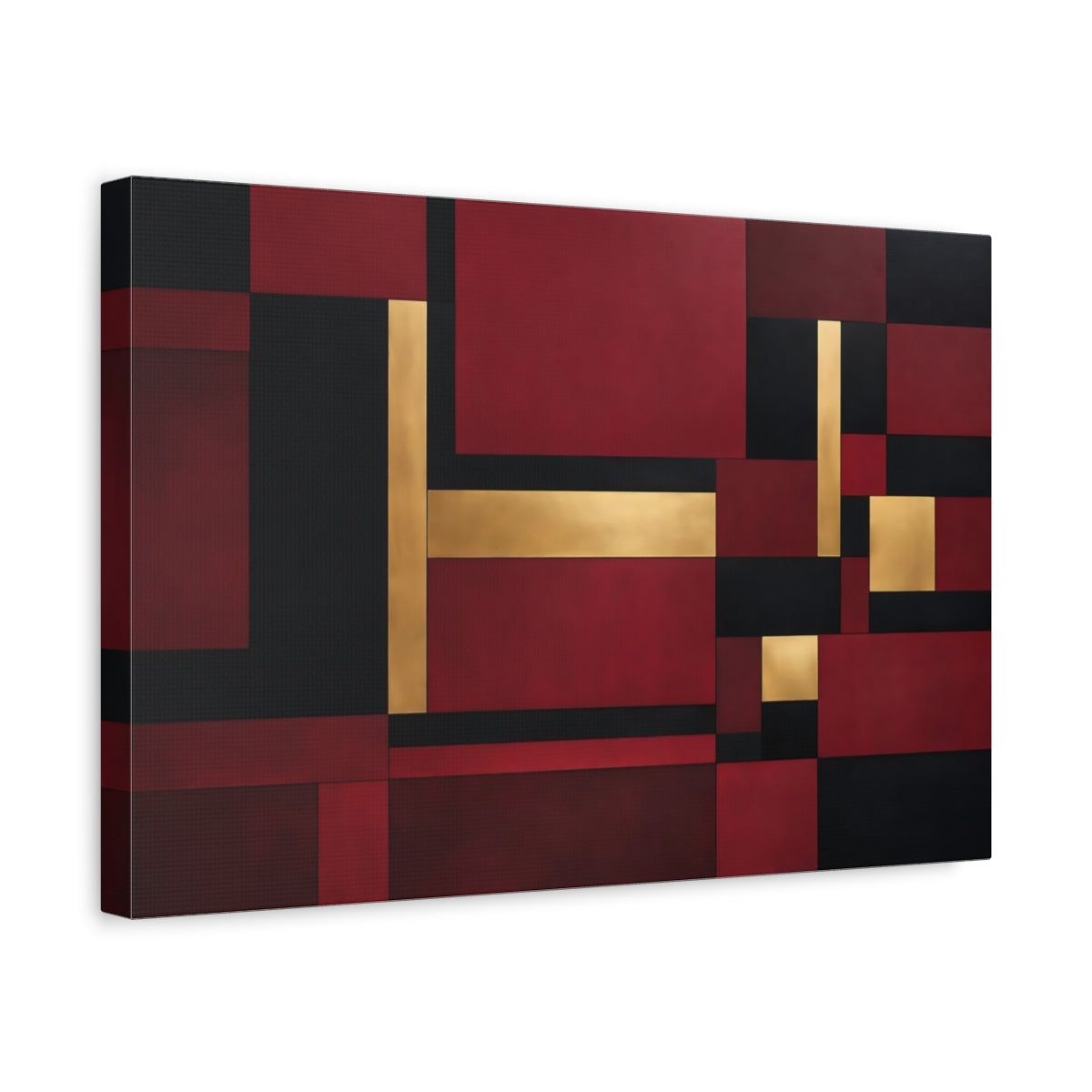 Side Mockup 4. Abstract Geometric Shapes Red Black Gold Abstract shown as stretched canvas wall art