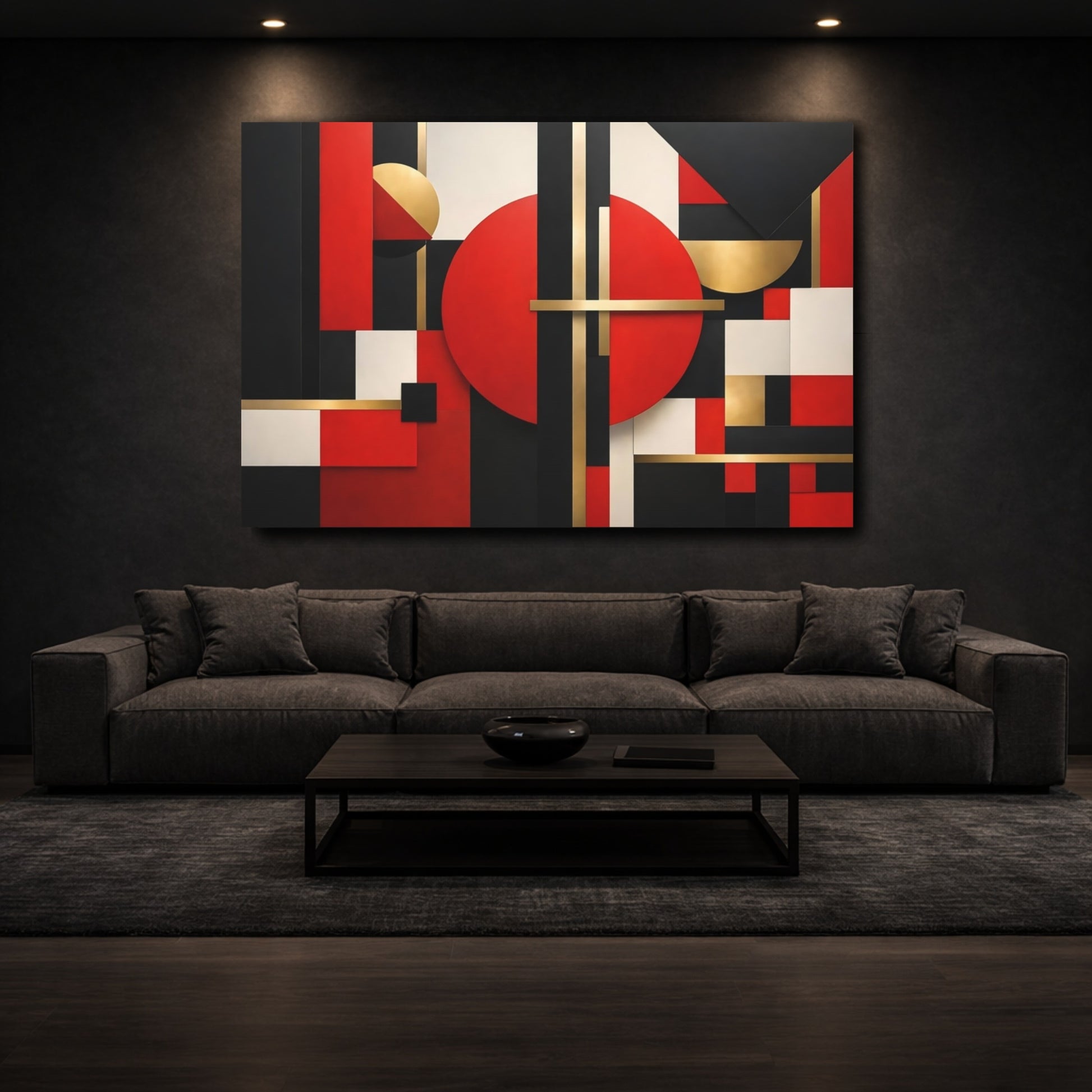 Mockup 2. Abstract Geometric Shapes Red Black Gold shown as stretched canvas wall art