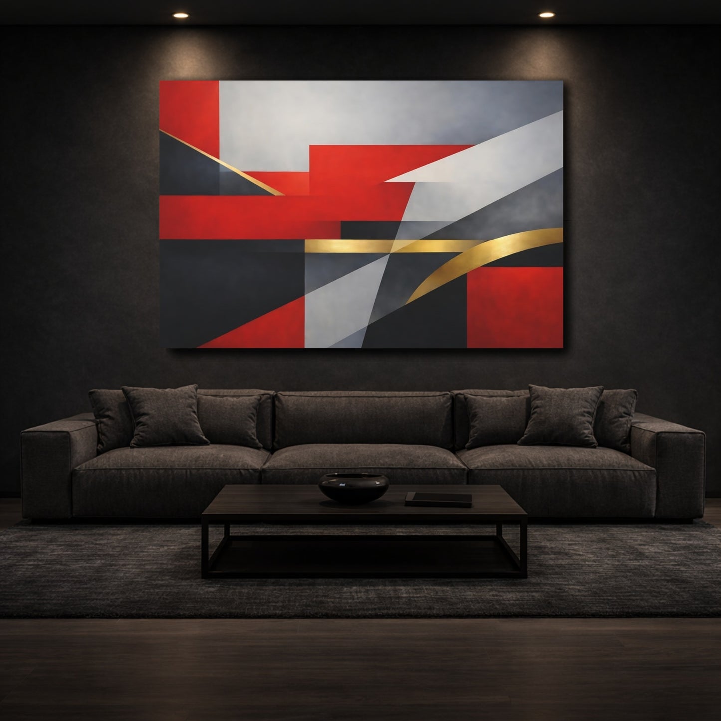 Mockup 2. Abstract Geometric Shapes Red Black Gold shown as stretched canvas wall art