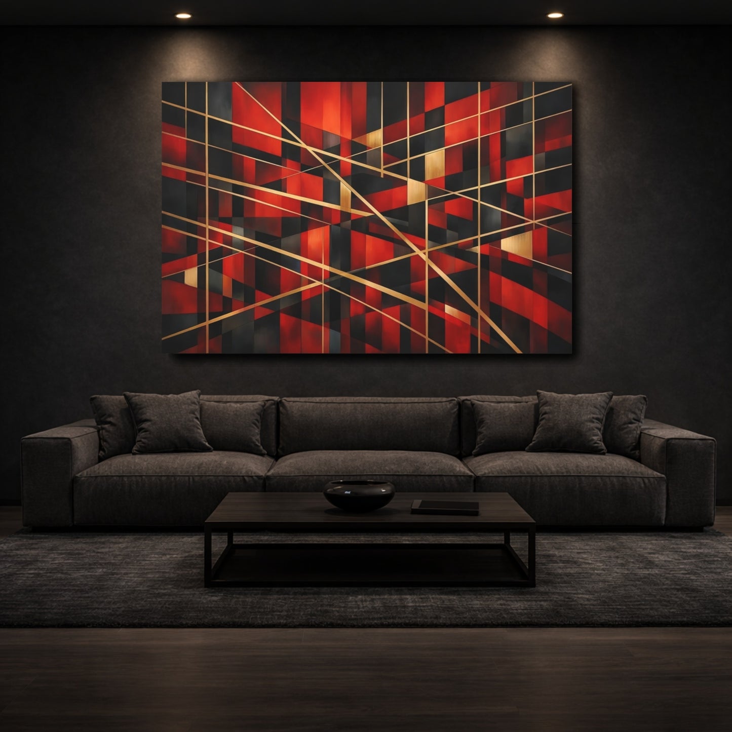 Mockup 2. Abstract Geometric Shapes Red Black Gold shown as stretched canvas wall art