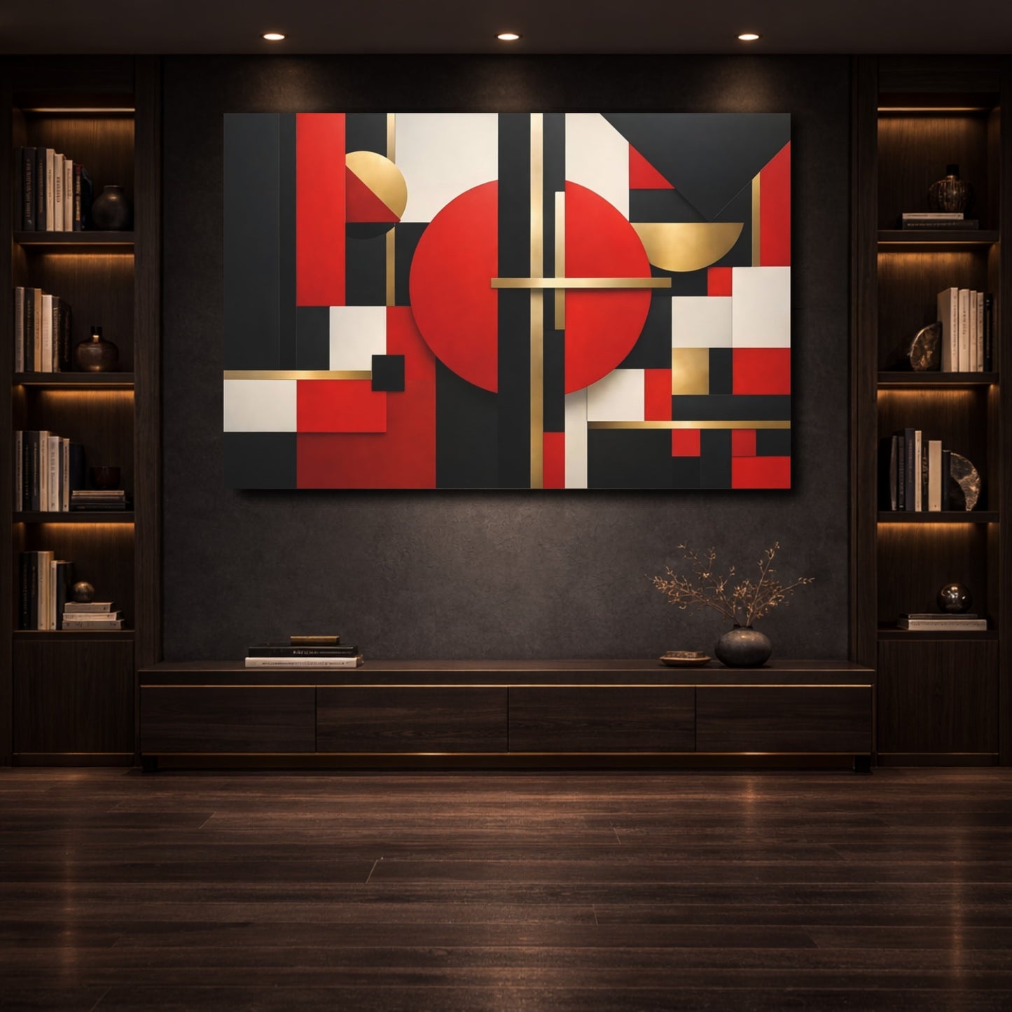 Mockup 3. Abstract Geometric Shapes Red Black Gold shown as stretched canvas wall art