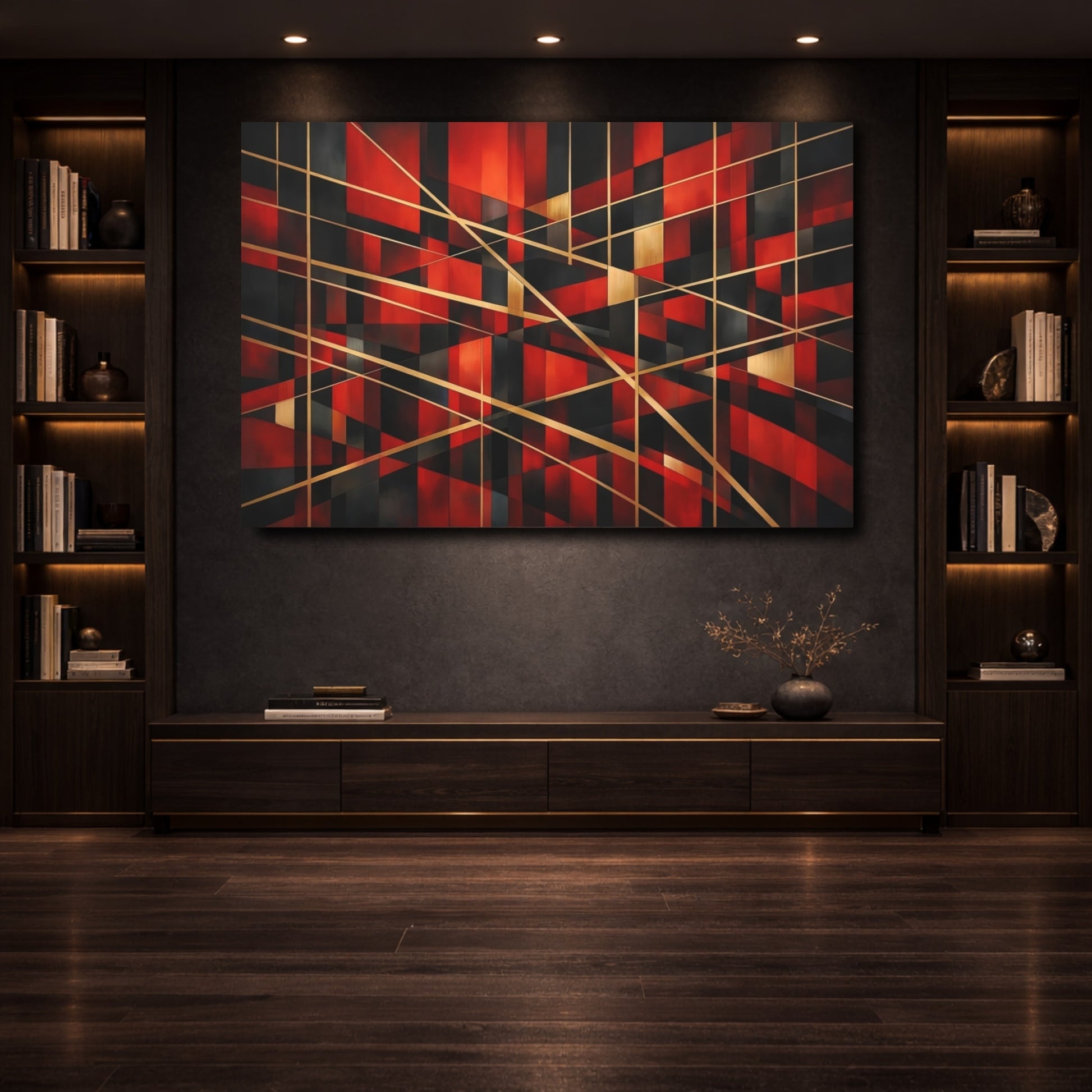 Mockup 3. Abstract Geometric Shapes Red Black Gold shown as stretched canvas wall art