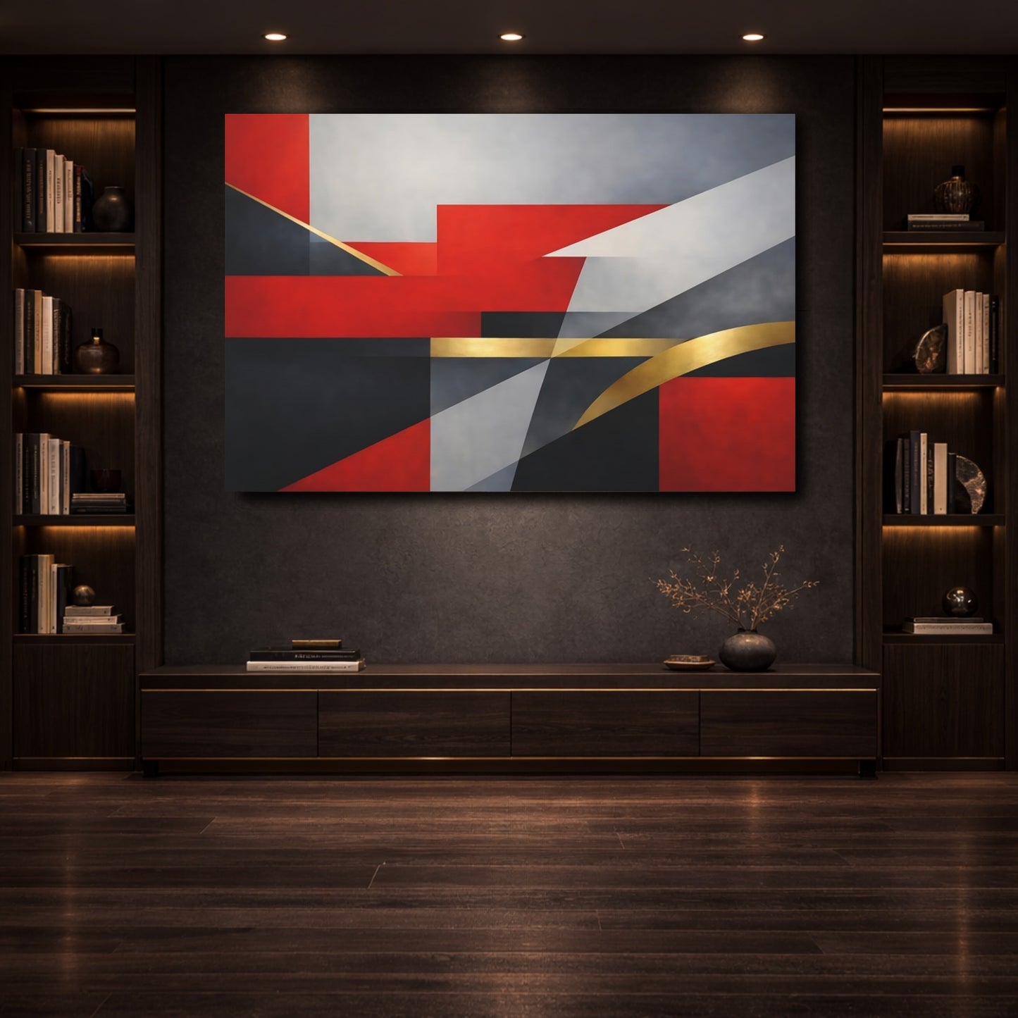 Mockup 3. Abstract Geometric Shapes Red Black Gold shown as stretched canvas wall art