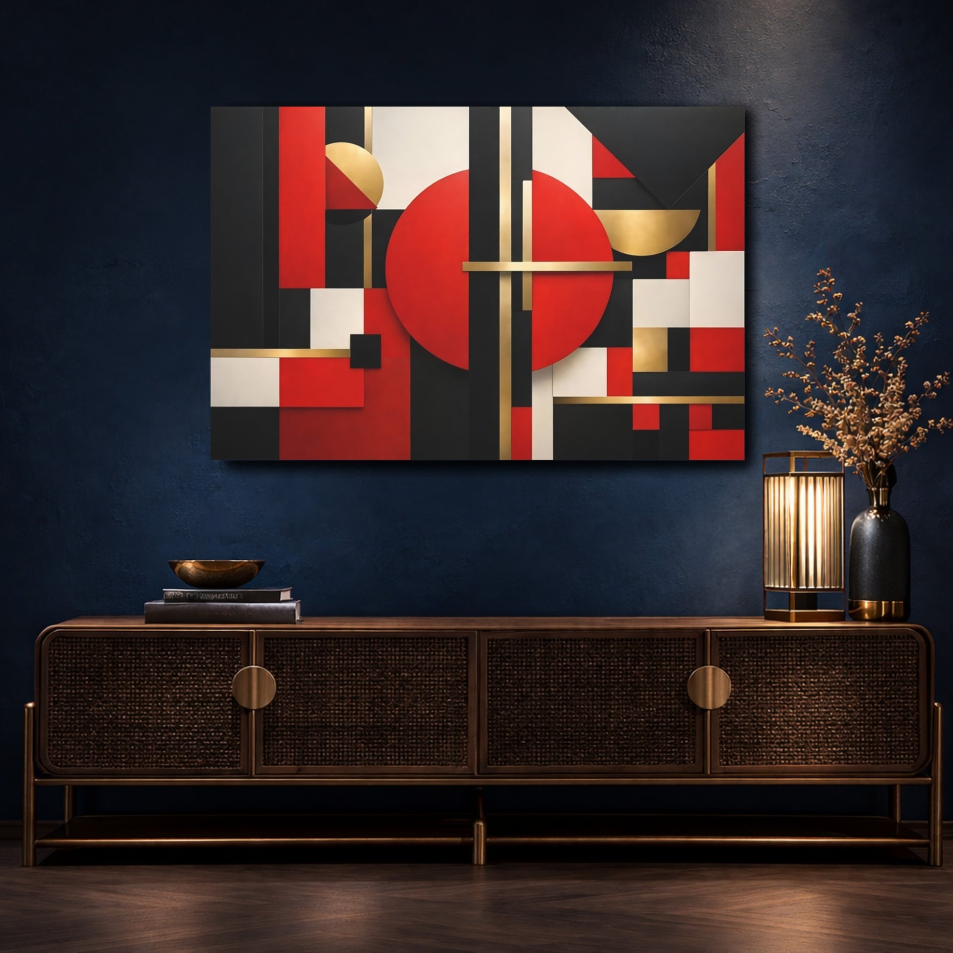 Mockup 4. Abstract Geometric Shapes Red Black Gold shown as stretched canvas wall art