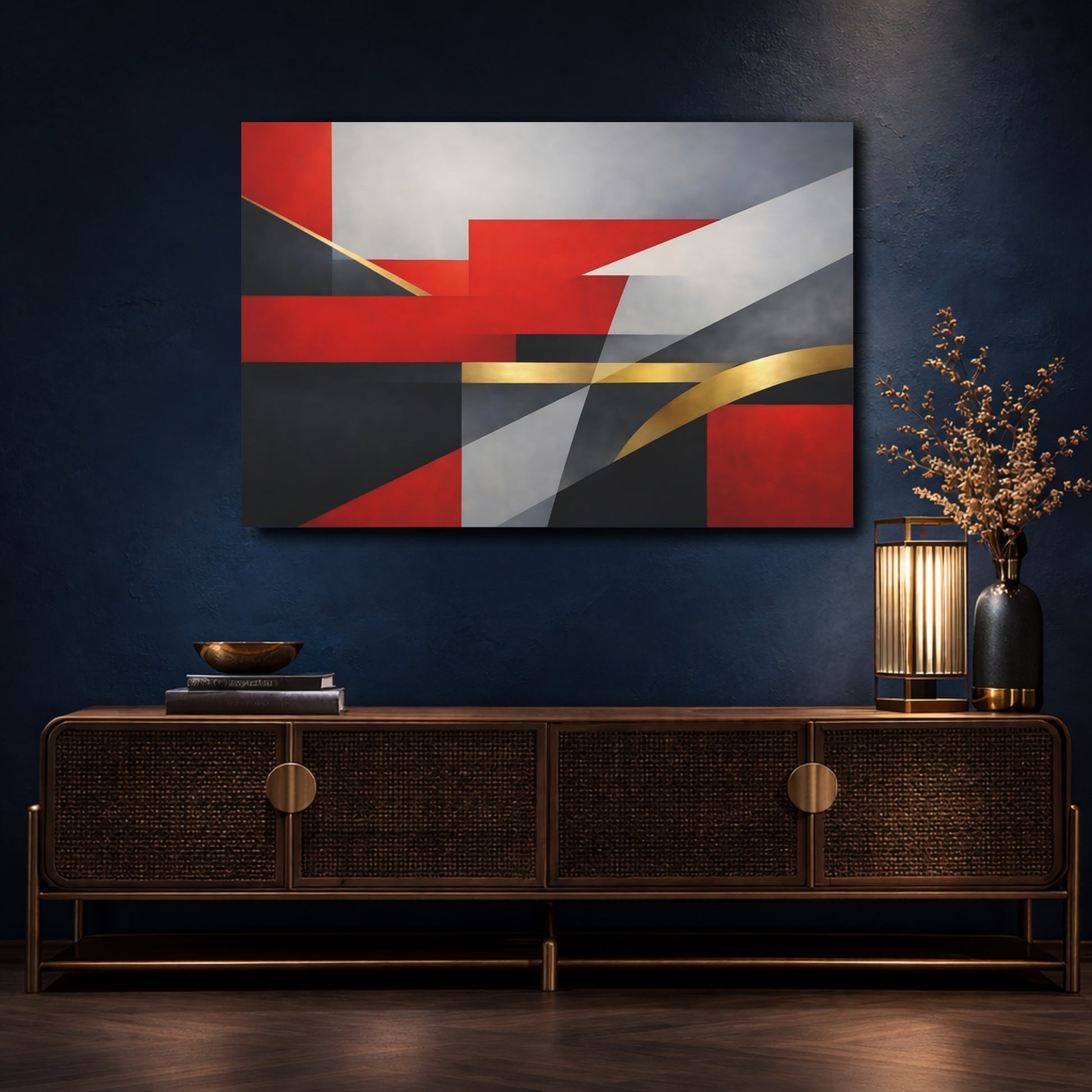 Mockup 4. Abstract Geometric Shapes Red Black Gold shown as stretched canvas wall art