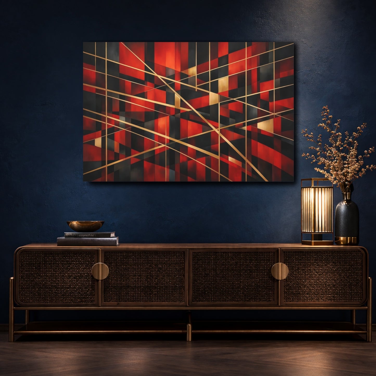 Mockup 4. Abstract Geometric Shapes Red Black Gold shown as stretched canvas wall art
