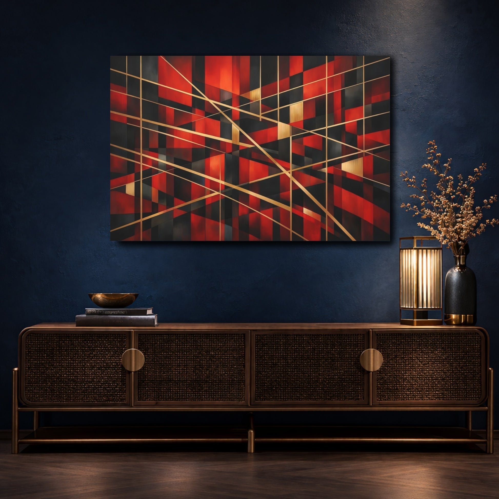 Mockup 4. Abstract Geometric Shapes Red Black Gold shown as stretched canvas wall art