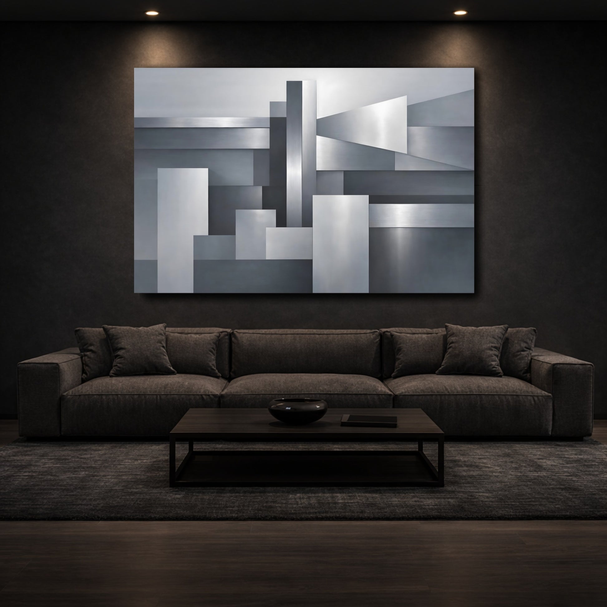 Mockup 2. Abstract Geometric Shapes Silver Grey Abstract shown as stretched canvas wall art