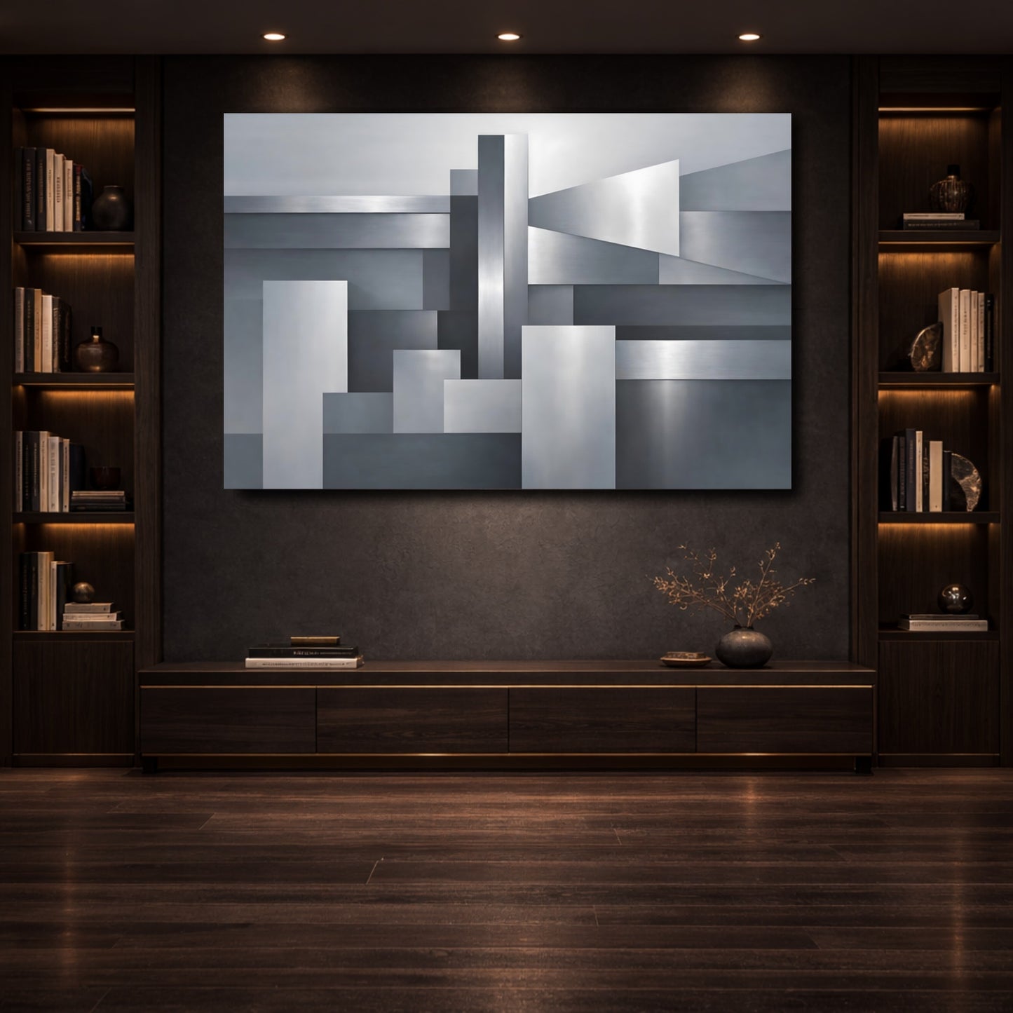 Mockup 3. Abstract Geometric Shapes Silver Grey Abstract shown as stretched canvas wall art