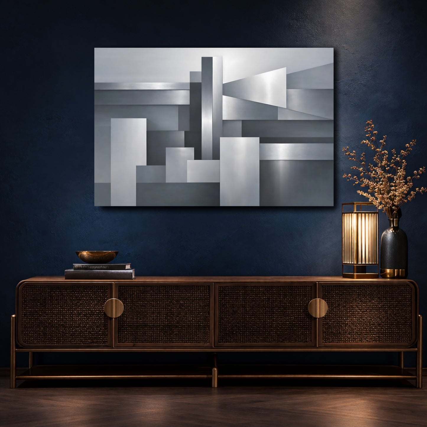 Mockup 4. Abstract Geometric Shapes Silver Grey Abstract shown as stretched canvas wall art