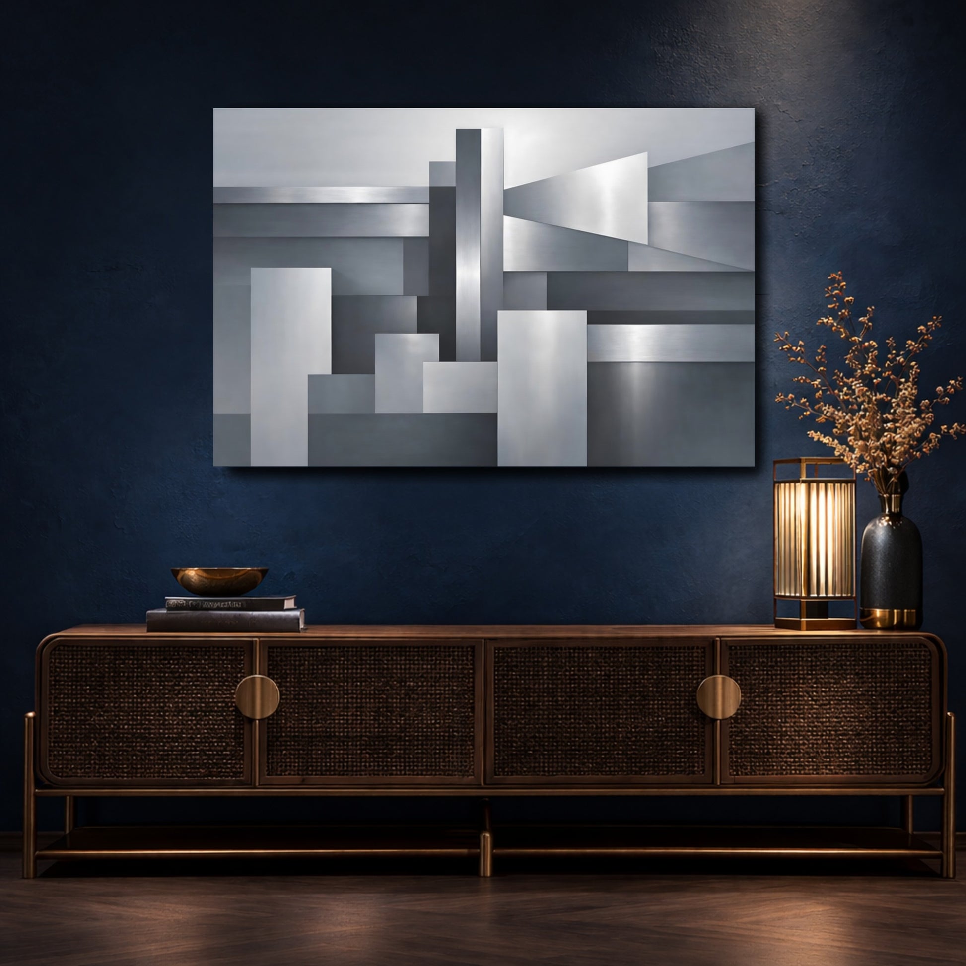 Mockup 4. Abstract Geometric Shapes Silver Grey Abstract shown as stretched canvas wall art