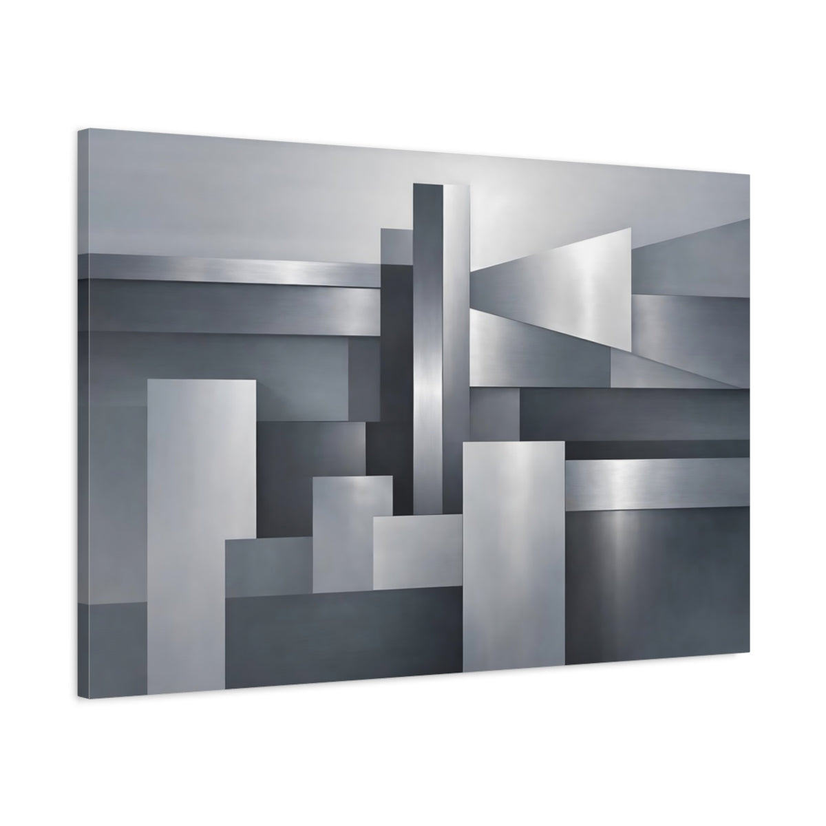 Side Mockup 1. Abstract Geometric Shapes Silver Grey Abstract shown as stretched canvas wall art