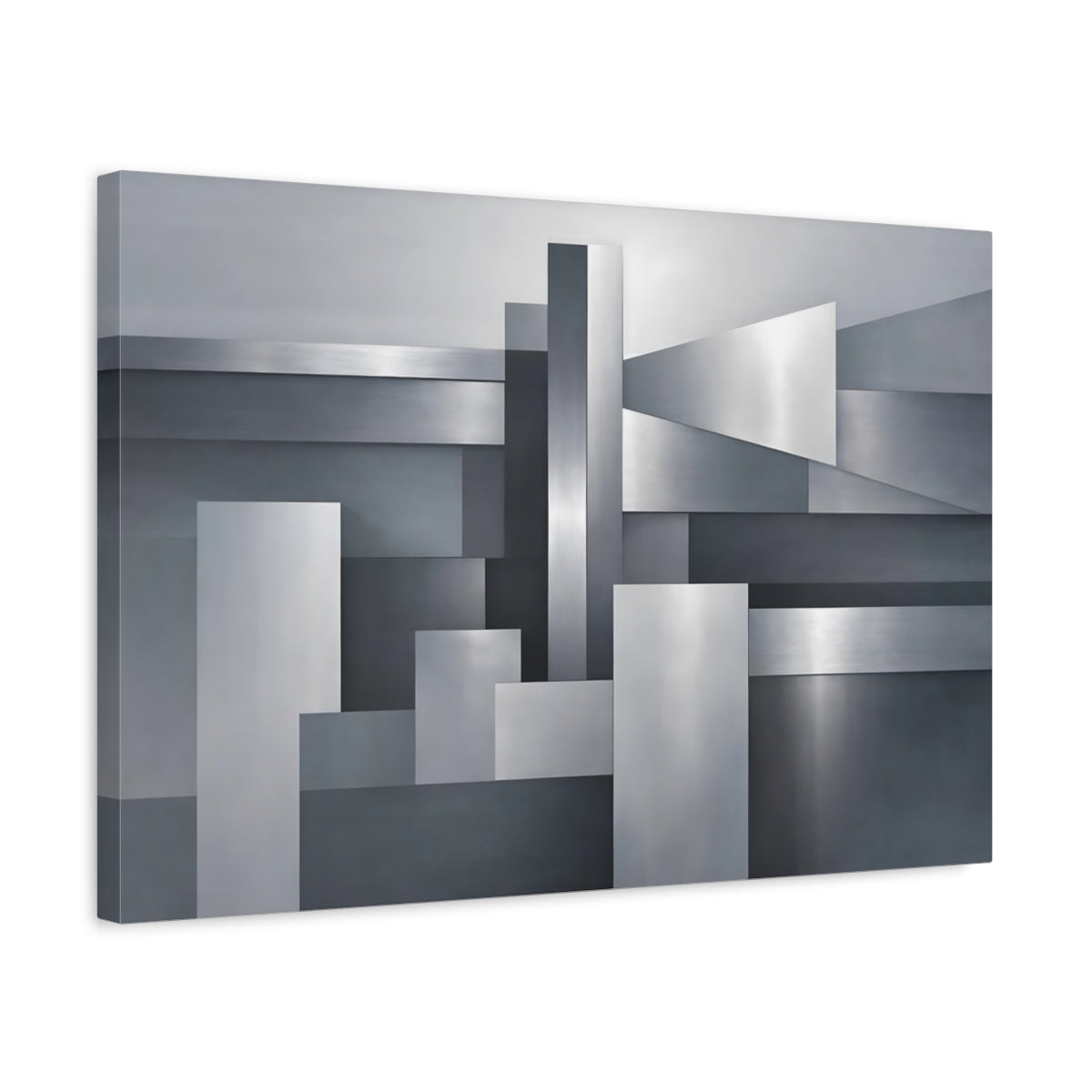 Side Mockup 3. Abstract Geometric Shapes Silver Grey Abstract shown as stretched canvas wall art