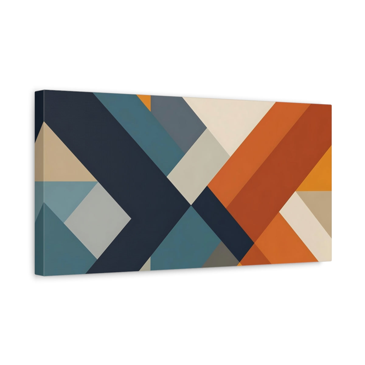 Side Mockup 3. Abstract Geometric Shapes Teal And Orange shown as stretched canvas wall art