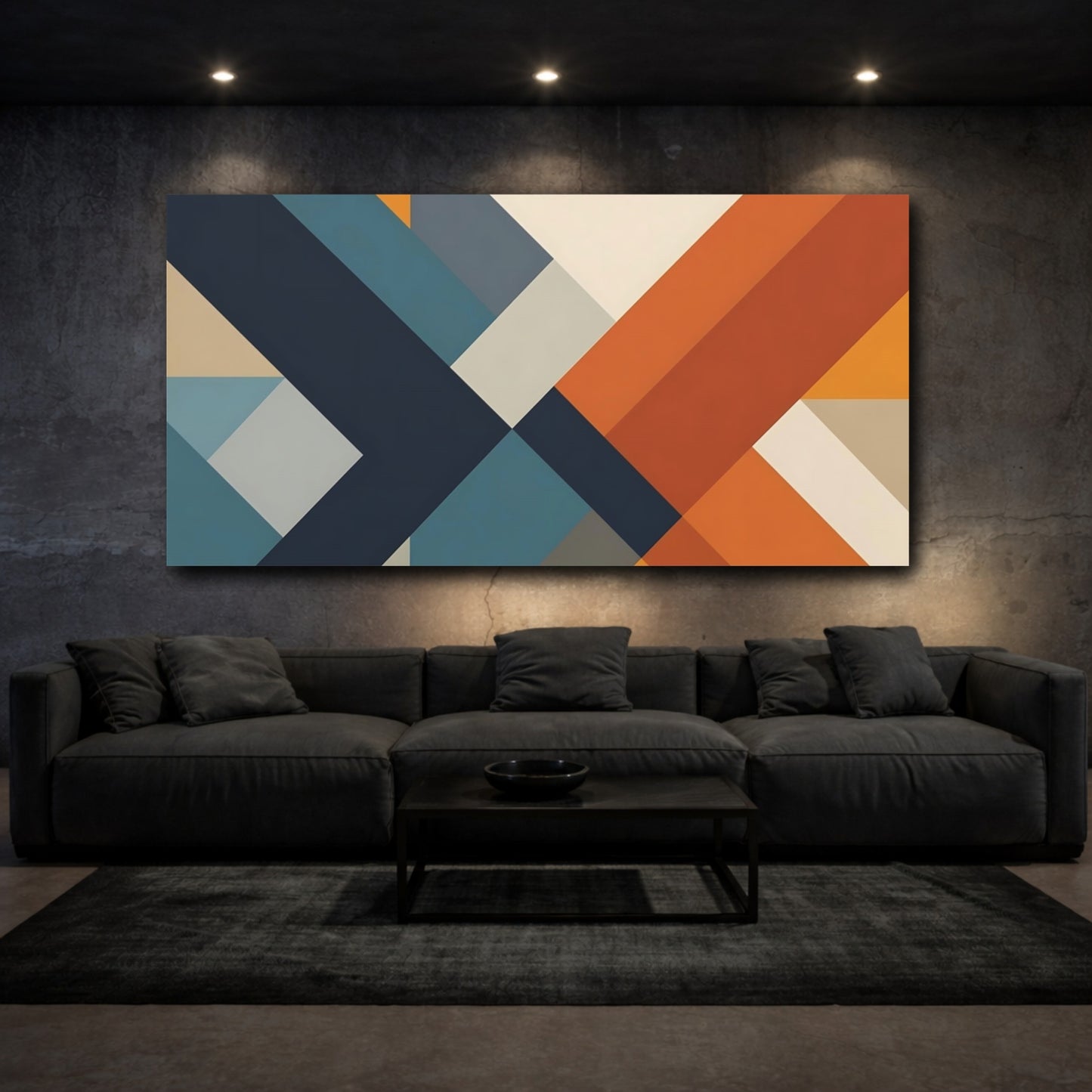 Mockup 2. Abstract Geometric Shapes Teal And Orange shown as stretched canvas wall art