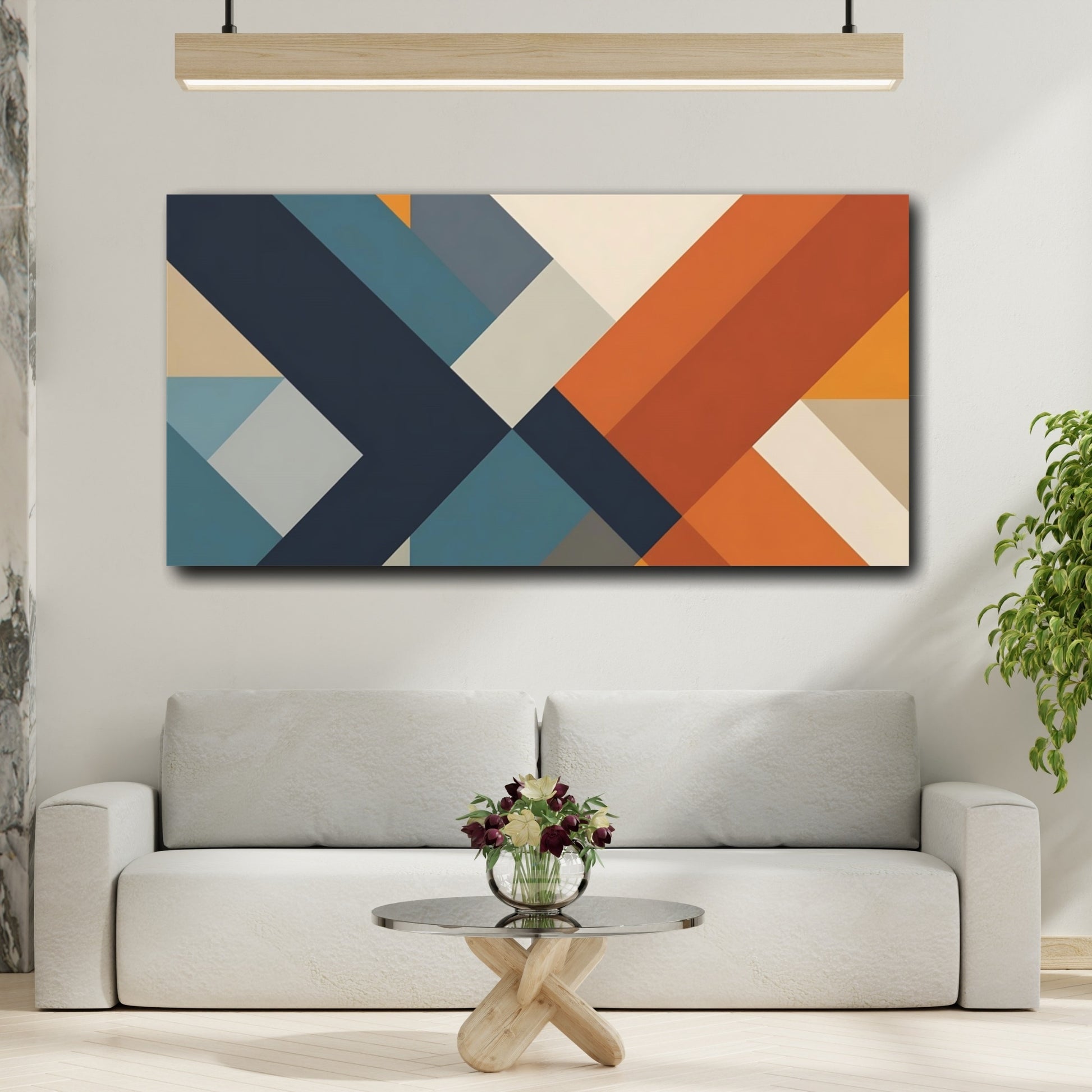 Mockup 3. Abstract Geometric Shapes Teal And Orange shown as stretched canvas wall art